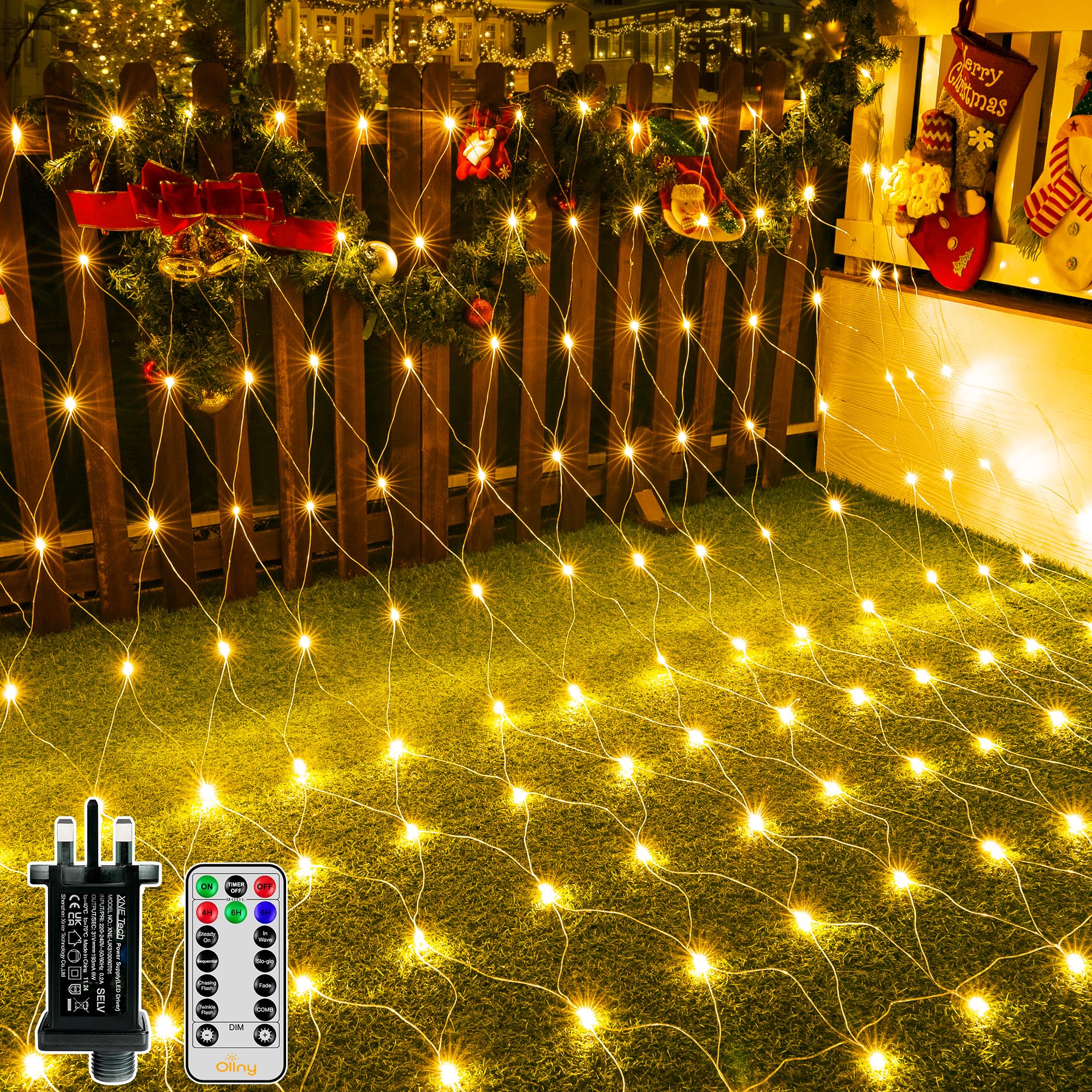 Ollny Net Lights Outdoor Indoor, 200 LED 3m x 2m Mesh Fairy Lights Plug in, Waterproof String Lights with 8 Light Modes/Timer/Remote, for Outside/Garden/Window/Gazebo Ceiling Decorations, Warm White