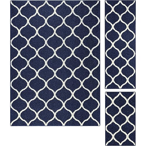 Maples Rugs Rebecca Contemporary Area Rugs Set for Living Room & Bedroom [Made in USA], 3pc, Navy Blue/White
