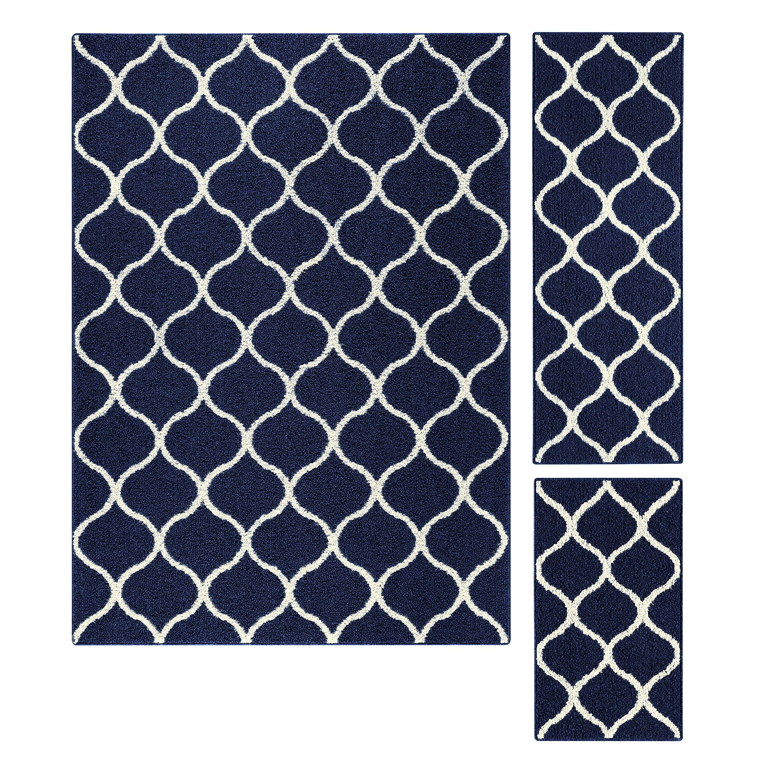 Maples Rugs Rebecca Contemporary Area Rugs Set for Living Room & Bedroom [Made in USA], 3pc, Navy Blue/White