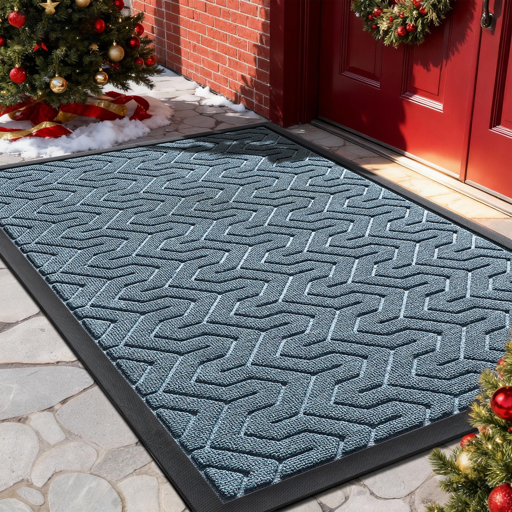 Yimobra Large Door Mat Outside Entrance 36x24, Waterproof Heavy Duty Outdoor Mats for Front Door, Non Slip Rubber Entry Mat for Garage Patio Indoor, Easy Clean, Mix Blue Image