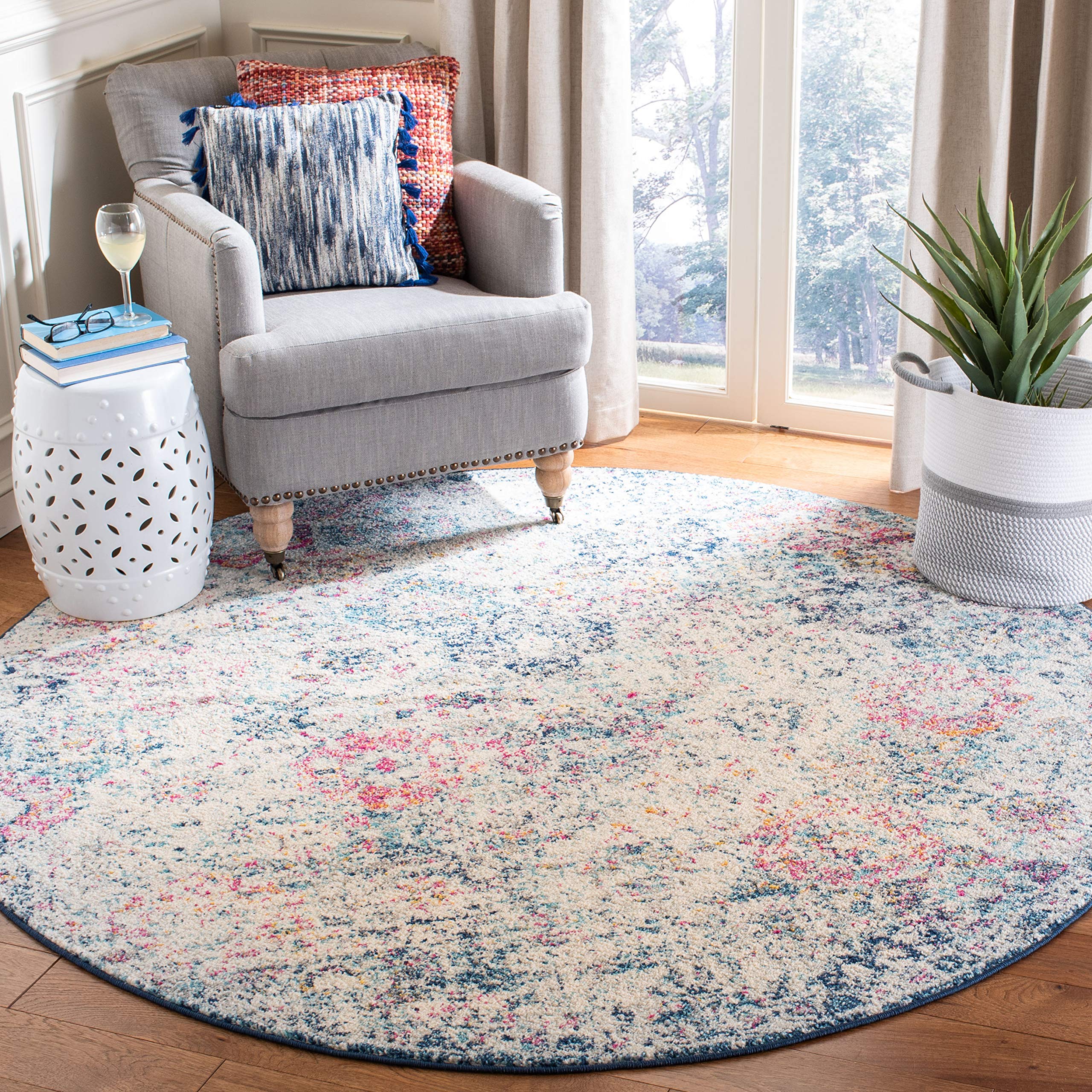 SAFAVIEH Madison Collection 9' Round Navy / Teal MAD611N Boho Chic Floral Medallion Trellis Distressed Non-Shedding Dining Room Entryway Foyer Living Room Bedroom Area Rug Image