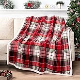 PAVILIA Red Green Christmas Plaid Sherpa Throw Blanket, Holiday Fleece Blanket 50" x 60", Soft Flannel Plush Throw for Couch, Sofa & Bed, Festive Winter Home Decor, Cozy