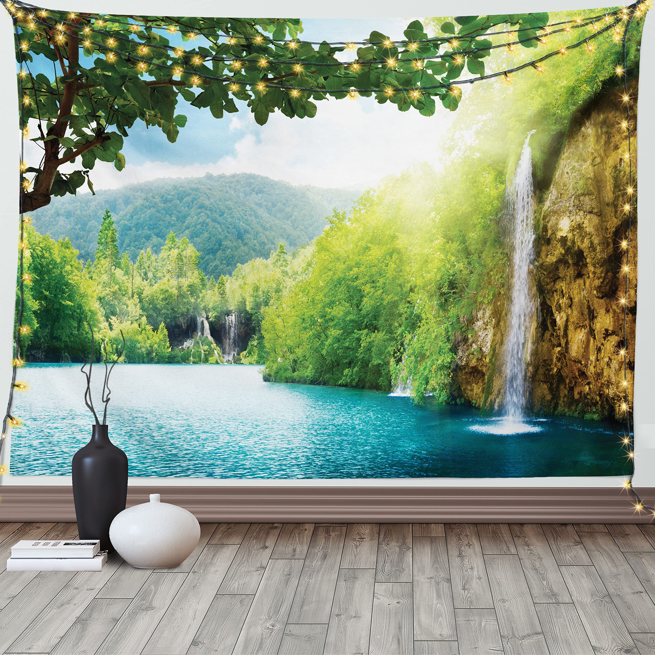 ABAKUHAUS Waterfall Tapestry, Croatian Lake Landscape in Forest with Mountain View Background Work of Art, Fabric Wall Hanging Decor for Bedroom Living Room Dorm, 230 x 140 cm, Green And Blue