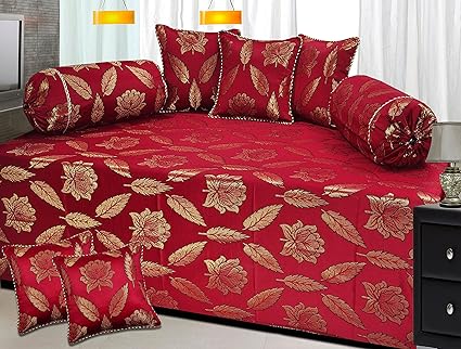 Milan Polycotton and Silk 8 Piece Diwan Set, Maroon and Gold