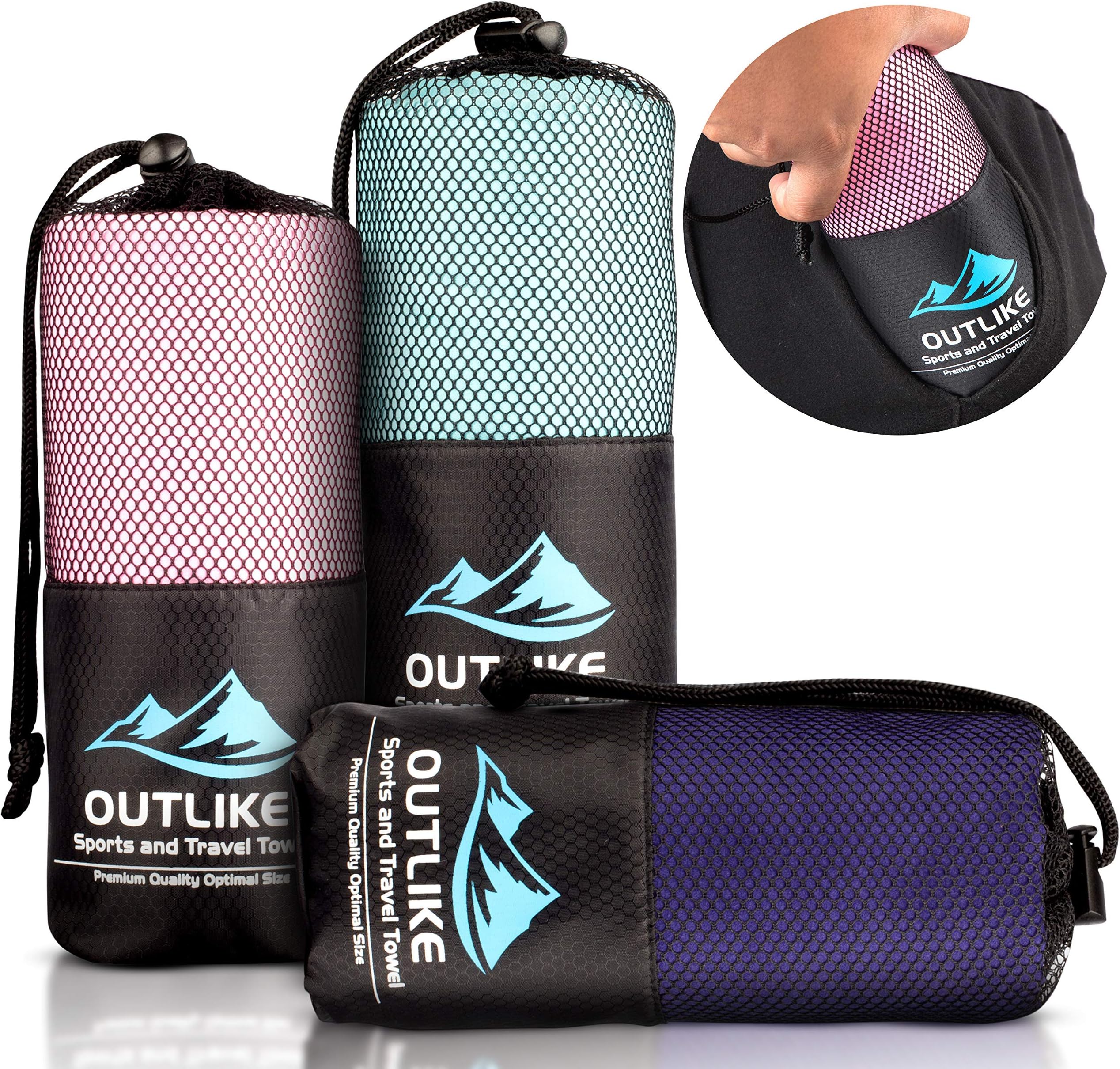 Outlike Microfiber Travel Towel Set of 2 - Lightweight Quick Drying Antibacterial Gym and Sports Towels in Compact Packing Size