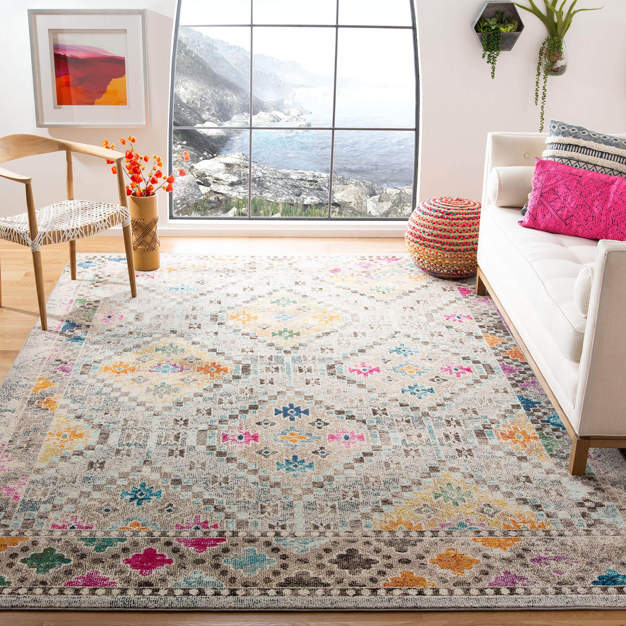 SAFAVIEH Madison Collection Area Rug - 10' x 14', Grey & Yellow, Boho Diamond Distressed Design, Non-Shedding & Easy Care, Ideal for High Traffic Areas in Living Room, Bedroom (MAD418F) Image