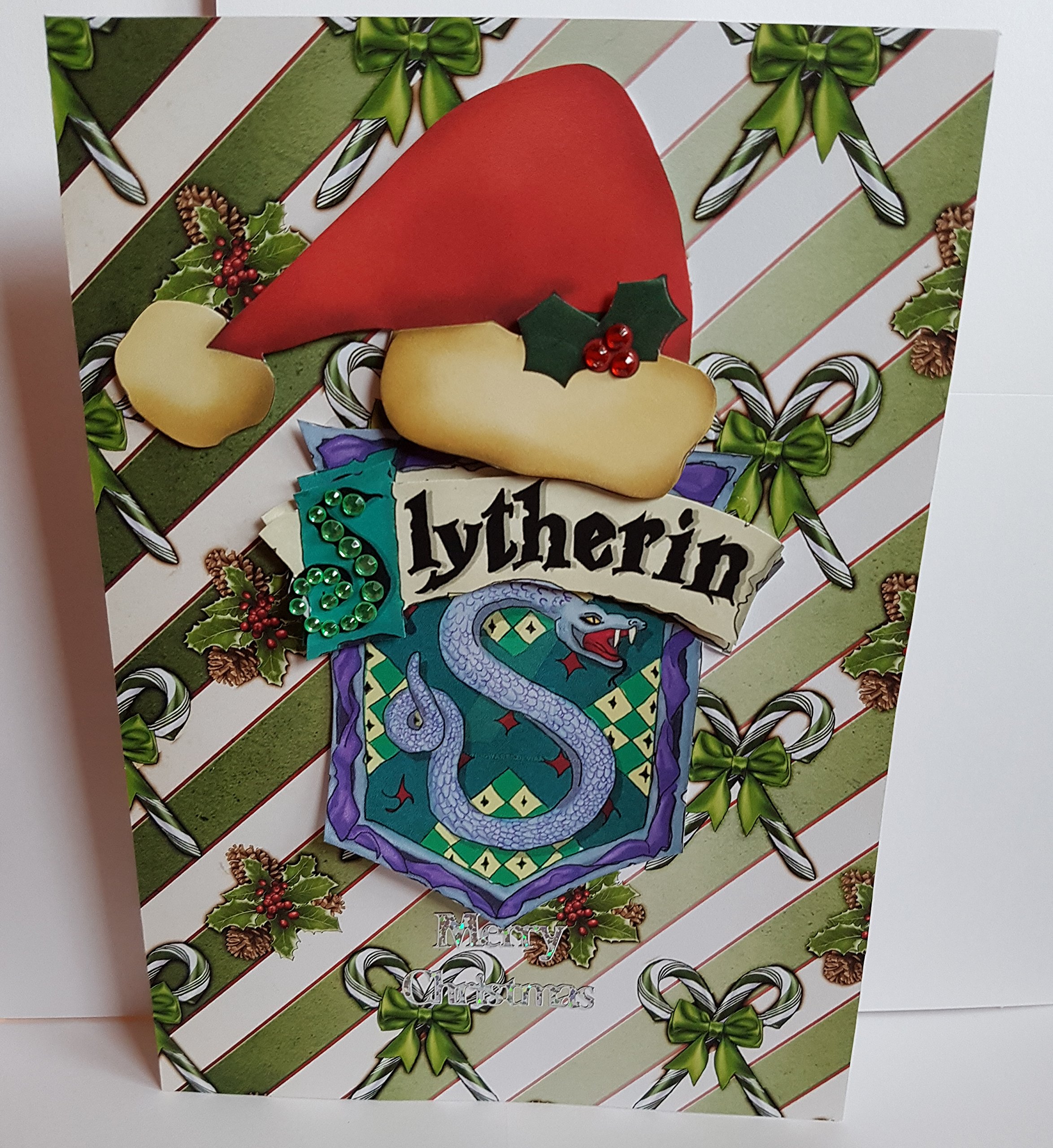 Handmade Harry Potter Inspired Christmas Card - with House Crest Slytherin