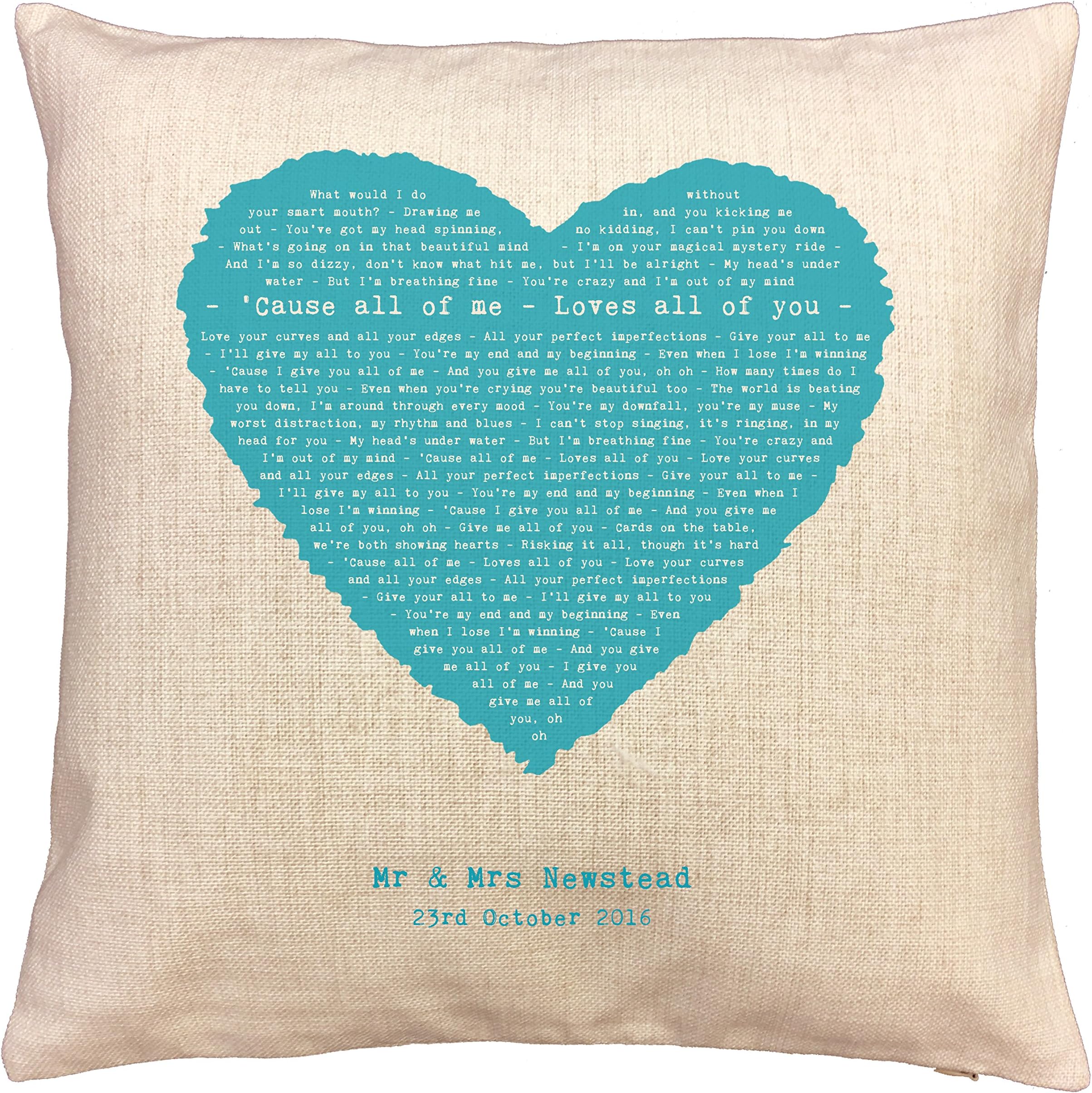 NOT JUST A PRINT - Heart Shaped Personalised Song Lyrics Cushion (John Legend - All Of Me)