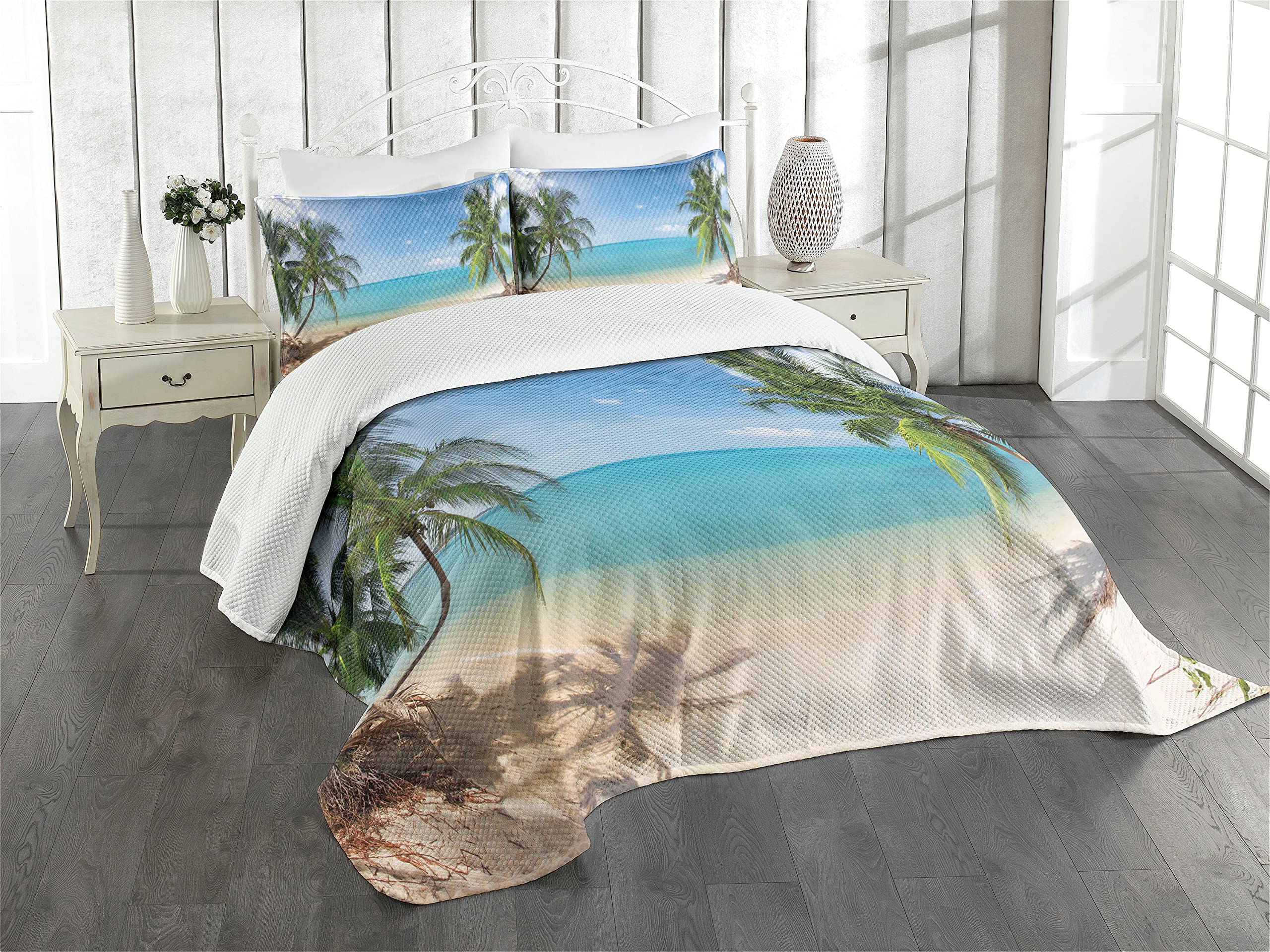 ABAKUHAUS Ocean Bedspread Set, Panoramic View of Tropical Sandy Beach Exotic Vacation Theme Print, Decorative 3 Piece Coverlet Set with 2 Pillow Shams, 264 cm x 220 cm, Light Brown Turquoise Green