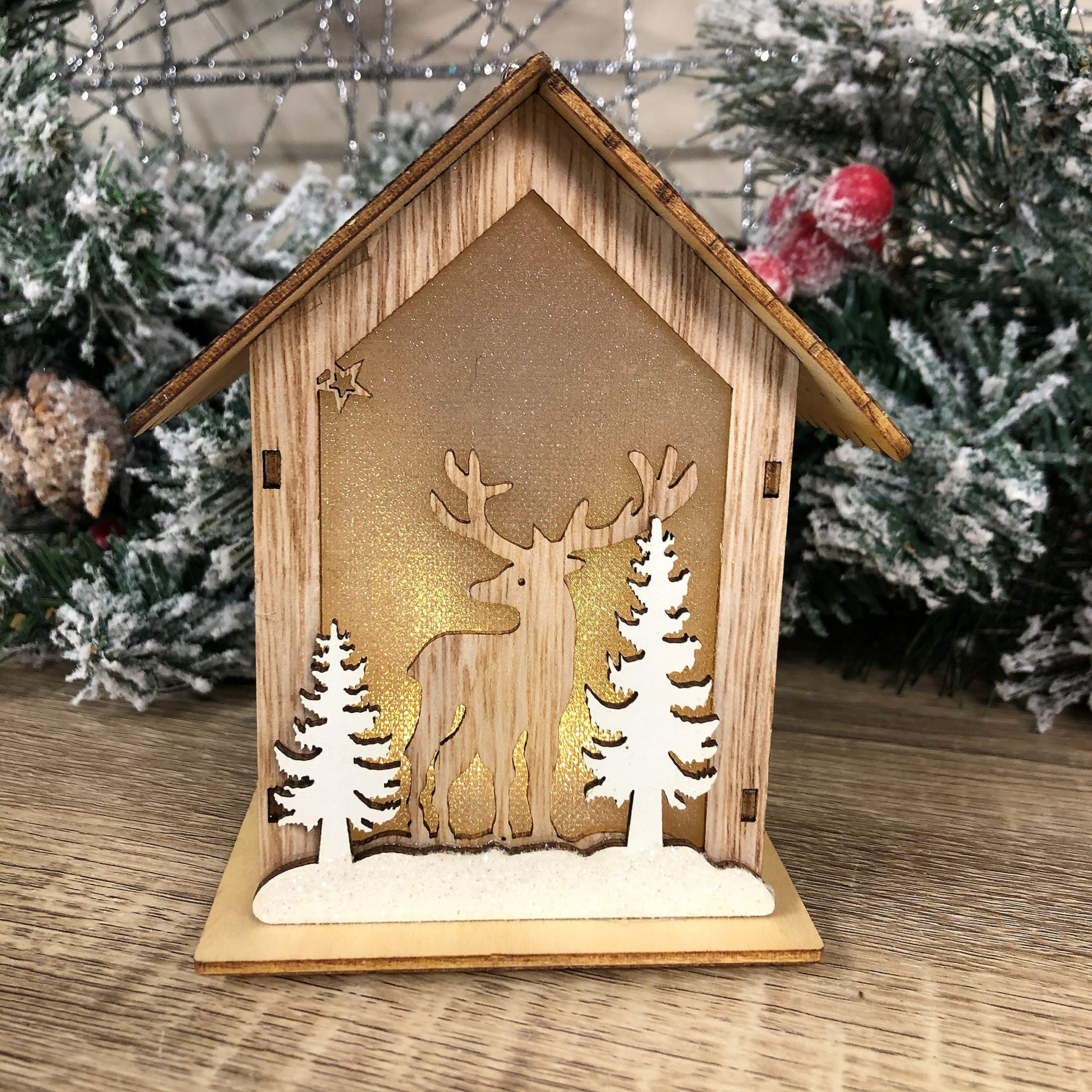 Hanging Light Up Reindeer House Christmas LED Wooden Ornament