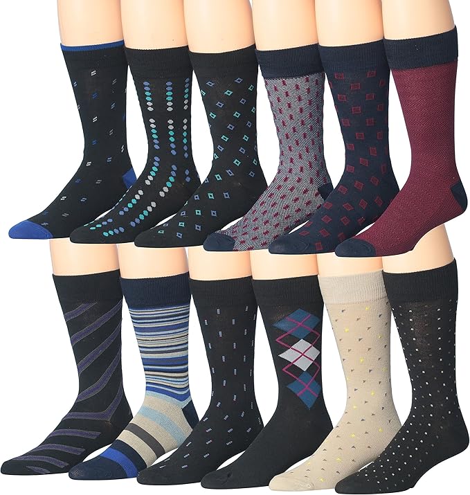 James Fiallo Men's 12 Pairs Patterned Dress Socks, (sock
