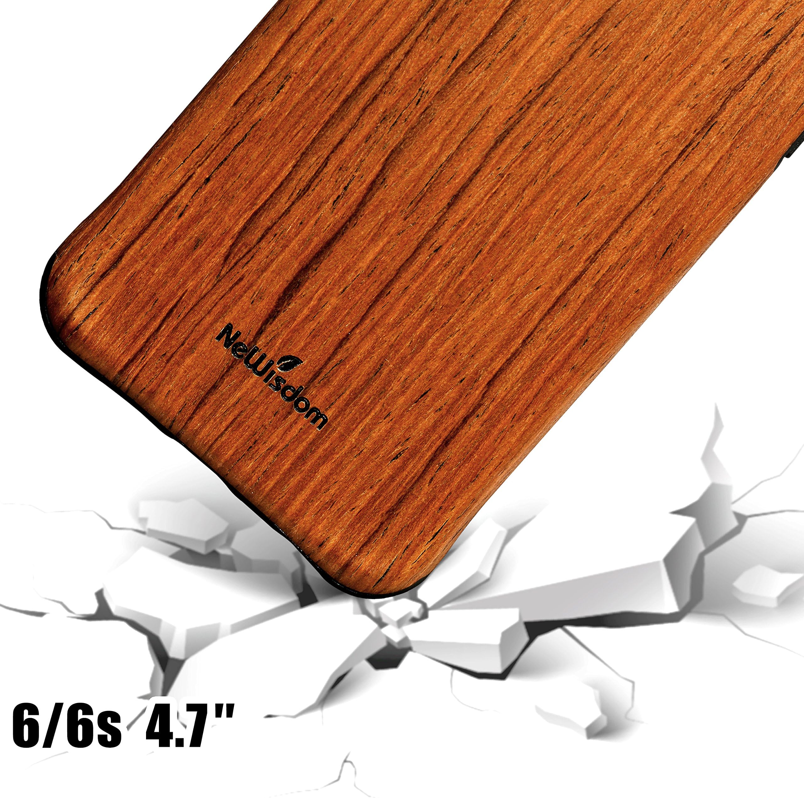 iPhone 6 /6s Case, NeWisdom Unique Shock Proof Hybrid Rubberized [Wood Over Rubber] Soft Real Wood Case for Apple iPhone6 – Rosewood
