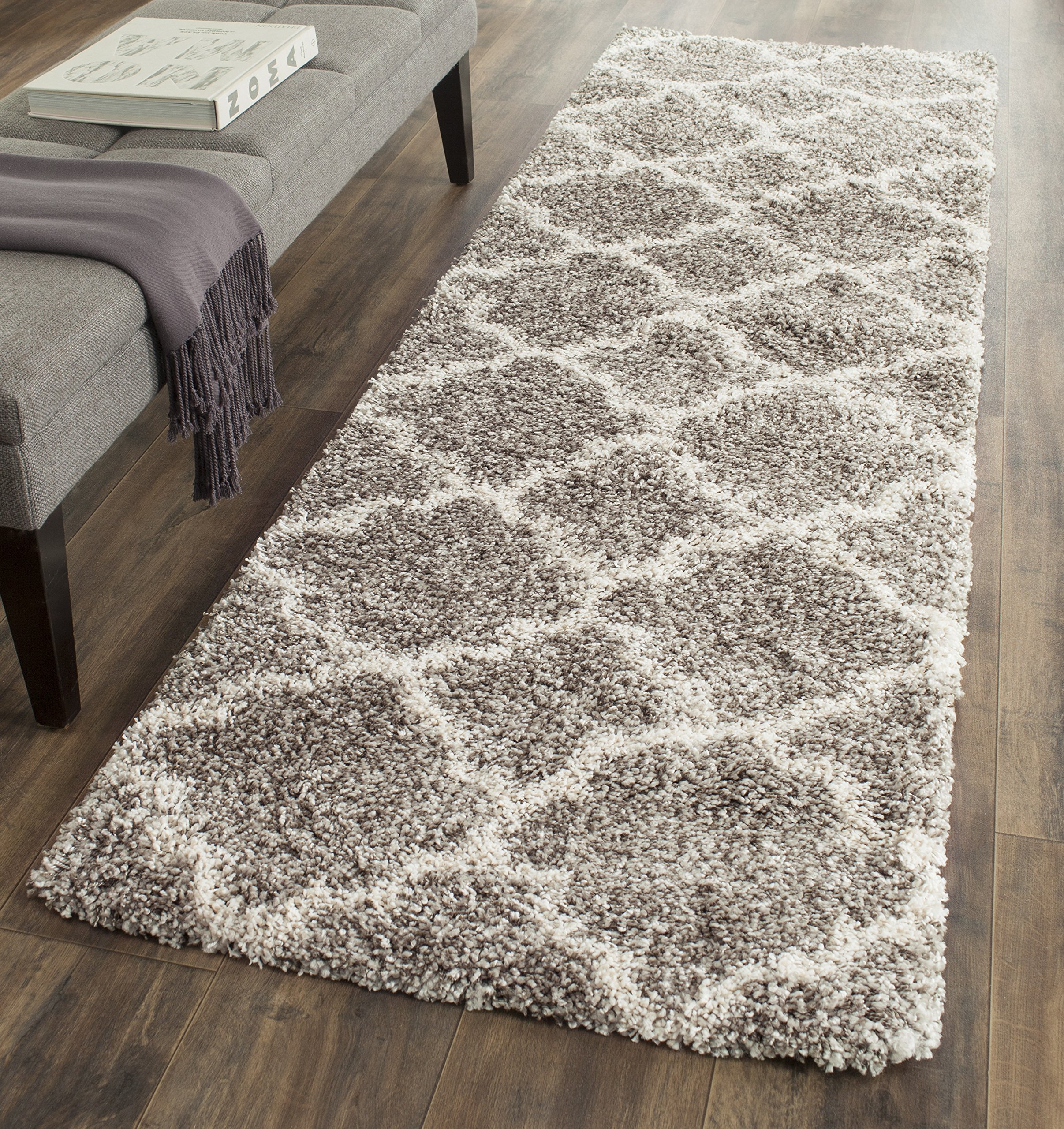 SAFAVIEH Hudson Shag Collection Runner Rug - 2'3" x 20', Grey & Ivory, Moroccan Trellis Design, Non-Shedding & Easy Care, 2-inch Thick Ideal for High Traffic Areas in Living Room, Bedroom (SGH282B) Image