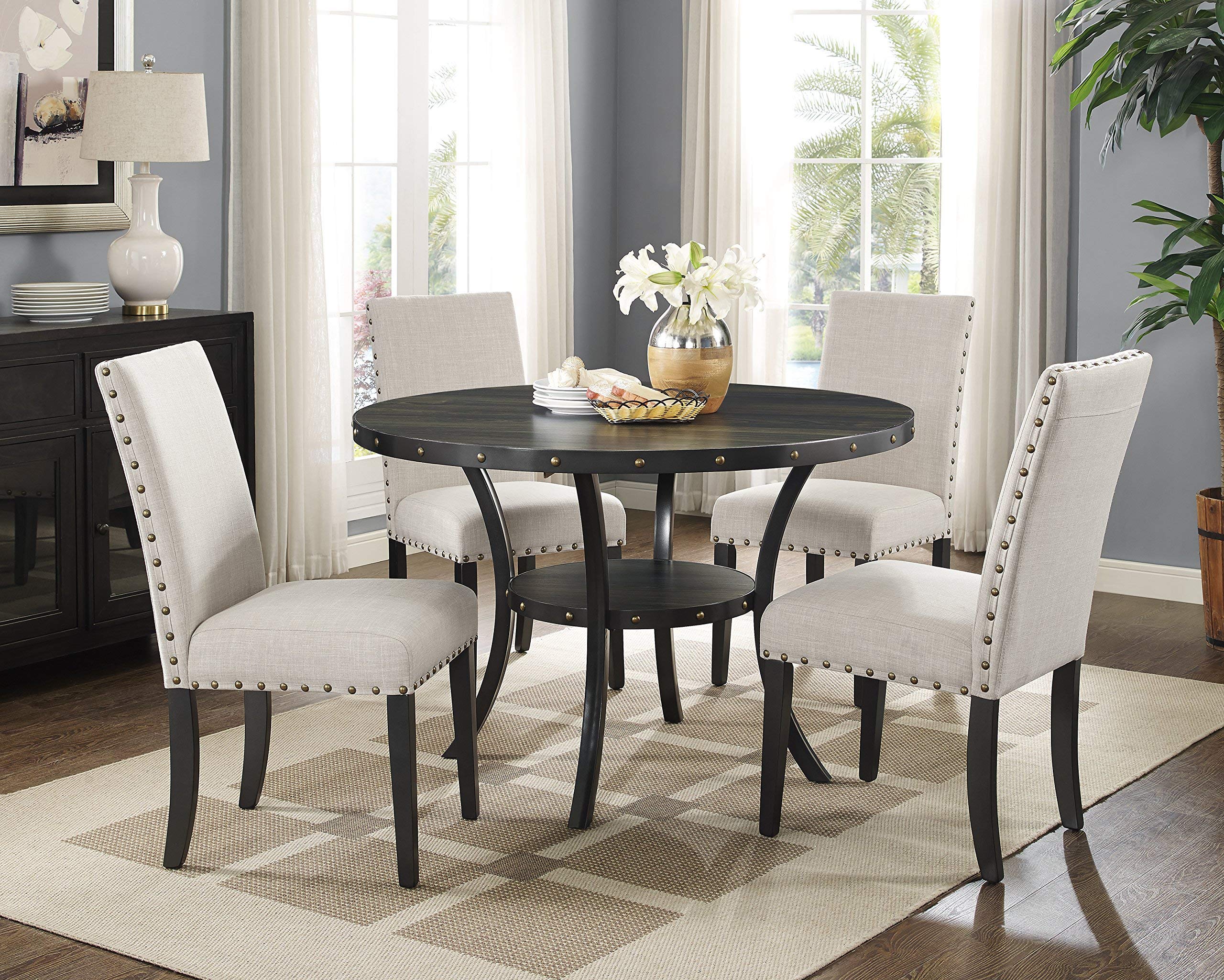 Roundhill Furniture Biony Tan Fabric Dining Chairs with Nailhead Trim, Set of 2