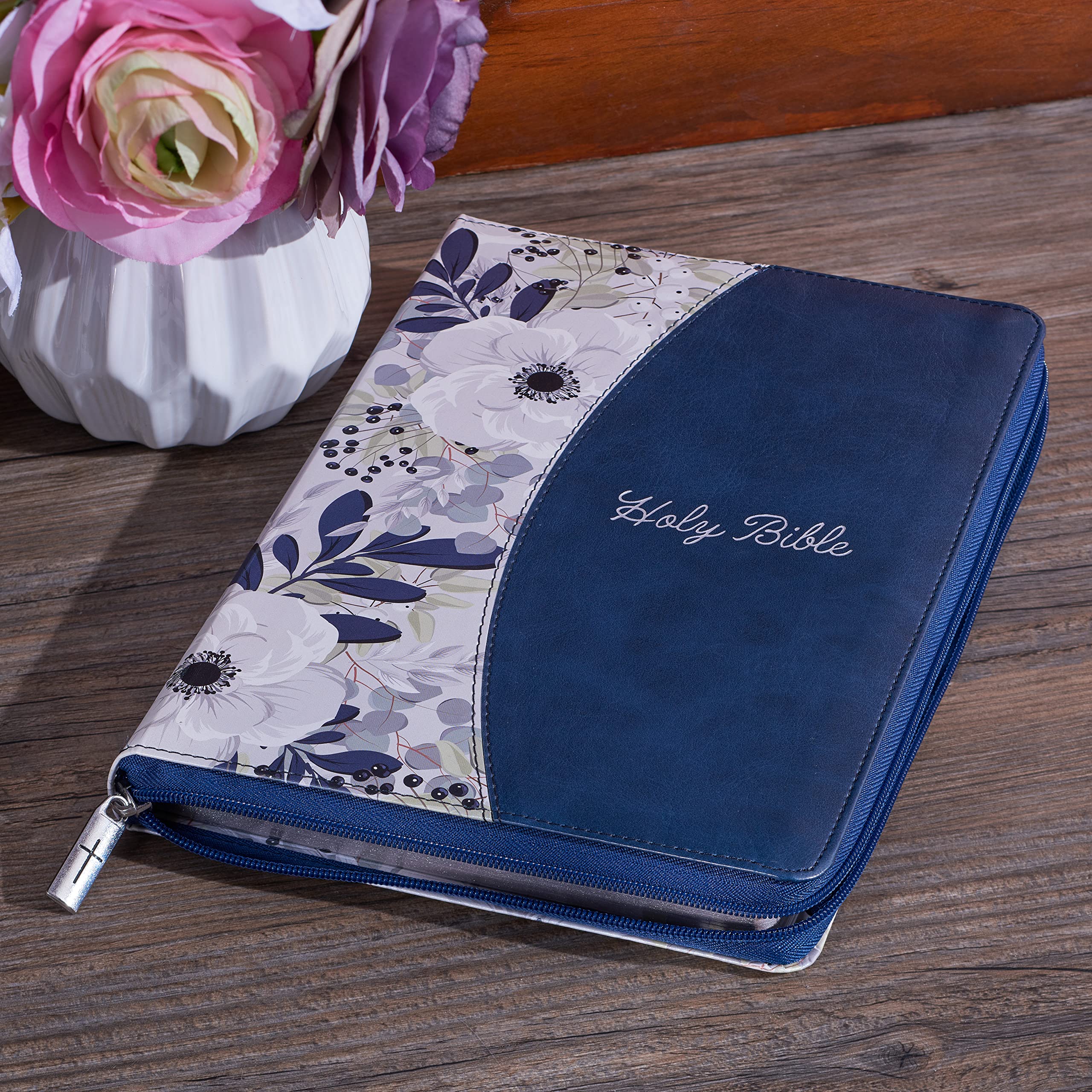 KJV Holy Bible, Thinline Large Print Faux Leather Red Letter Edition Thumb Index Ribbon Marker, King James Version, Blue Printed Floral, Zipper Closure (KJV Thinline LP Editions) KJV Holy Bible, Thinline Large Print Faux Leather Red Letter Edition Thumb Index Ribbon Marker, King James Version, Blue Printed Floral, Zipper Closure (KJV Thinline LP Editions) Imitation Leather