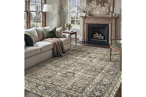 PureCozy Vintage Area Rug 8x10 Brown Washable Living Room Large Carpet Non Slip Bedroom Indoor Office Low Pile Traditional Distressed Retro Accent Rug for Dining Room