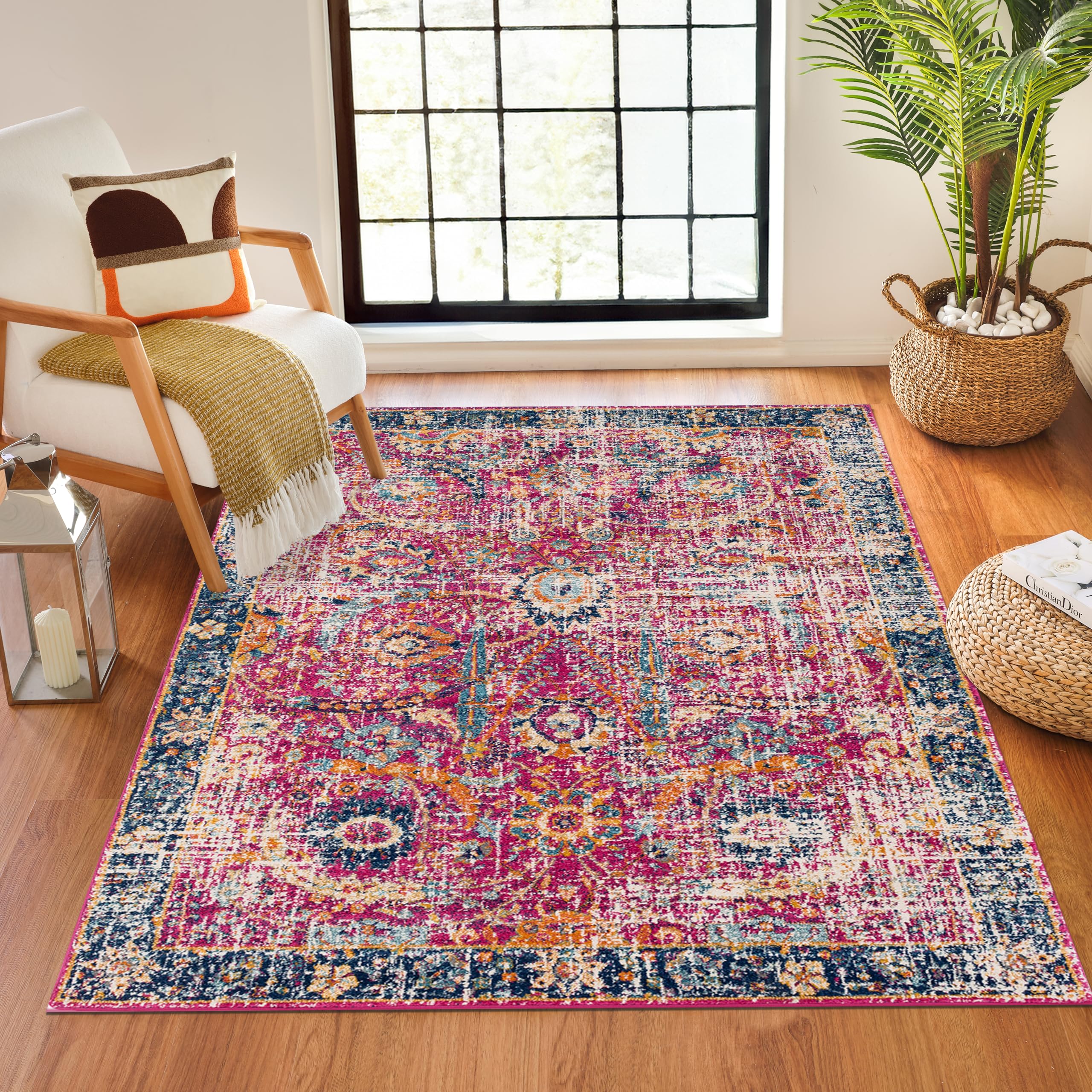Livabliss Zelfana Vintage Rug - Area Rugs Living Room 120x170 cm, Dining Floor, Kitchen, Traditional Multicoloured Boho Style, Easy Care Pile, Bohemian Large Rug, Burgundy, Navy, Orange