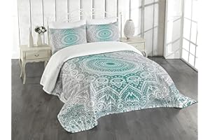 Ambesonne Grey and Teal Bedspread Set, Mandala Ombre Colored Style Geometry Pattern with Flower Lines Display Art, 3 Piece Decorative Bedding Coverlet and 2 Pillow Shams, Queen Size, Teal and Grey