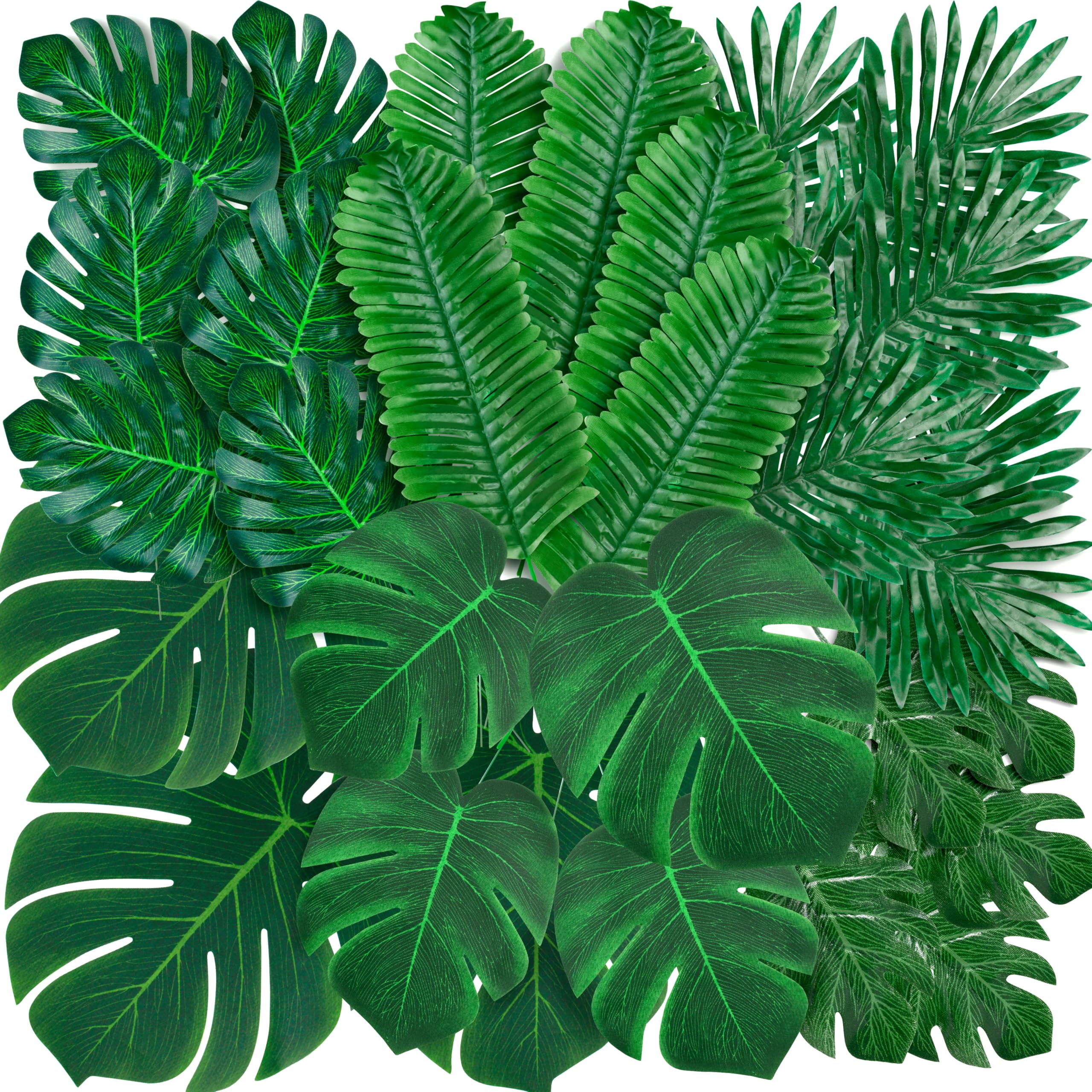 Photo 1 of 110 Pcs Artificial Tropical Palm Monstera, 7 Kinds Large Small Fake Palm Leaf with Stems for Safari Jungle Hawaiian Luau Party Table Decoration Wedding Birthday Theme Party (Green)