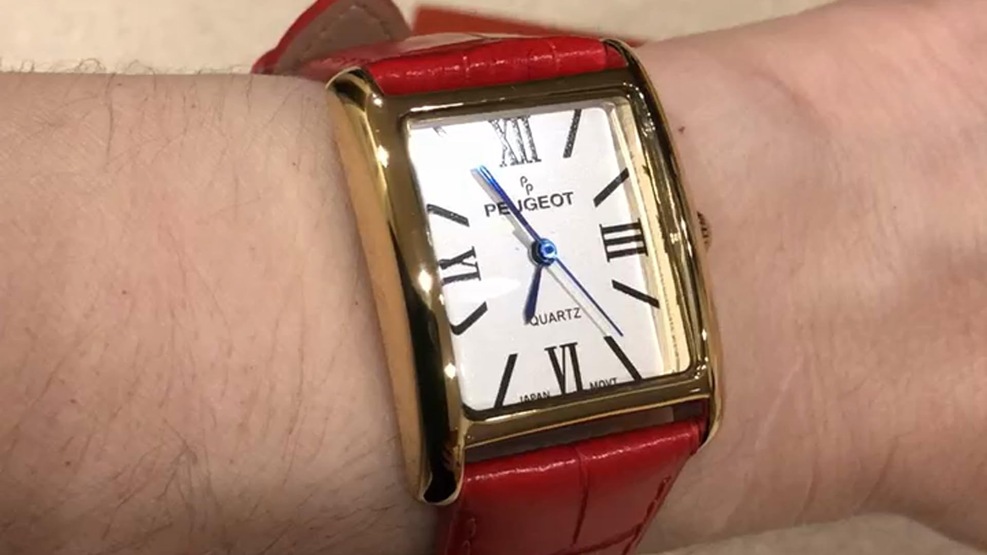 peugeot women's 14k gold plated tank leather dress watch Watch with Roman Numerals Dial, Red on Amazon Live gold sparkle mini dress