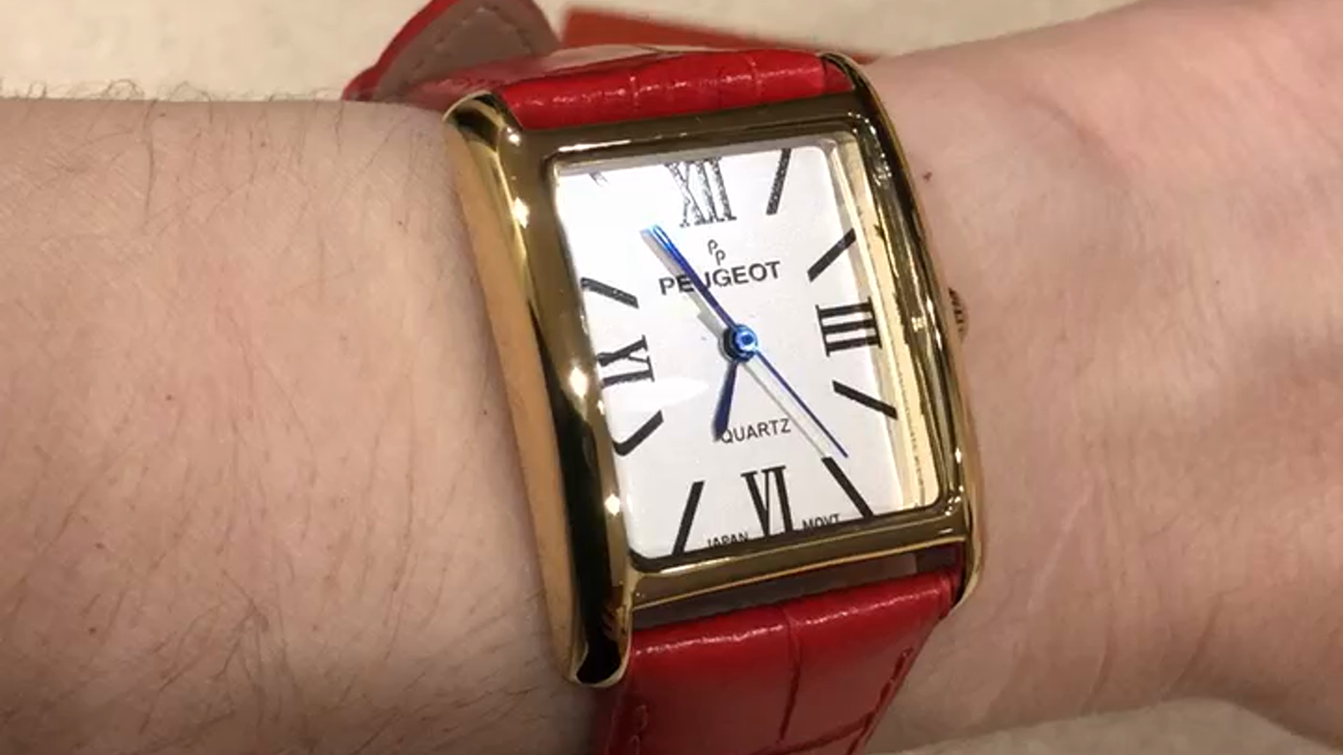 peugeot women's 14k gold plated tank leather dress watch Watch Peugeot Women's 14K Gold Plated Tank Leather Dress Watch with Roman Numerals Dial, Red on Amazon Live
