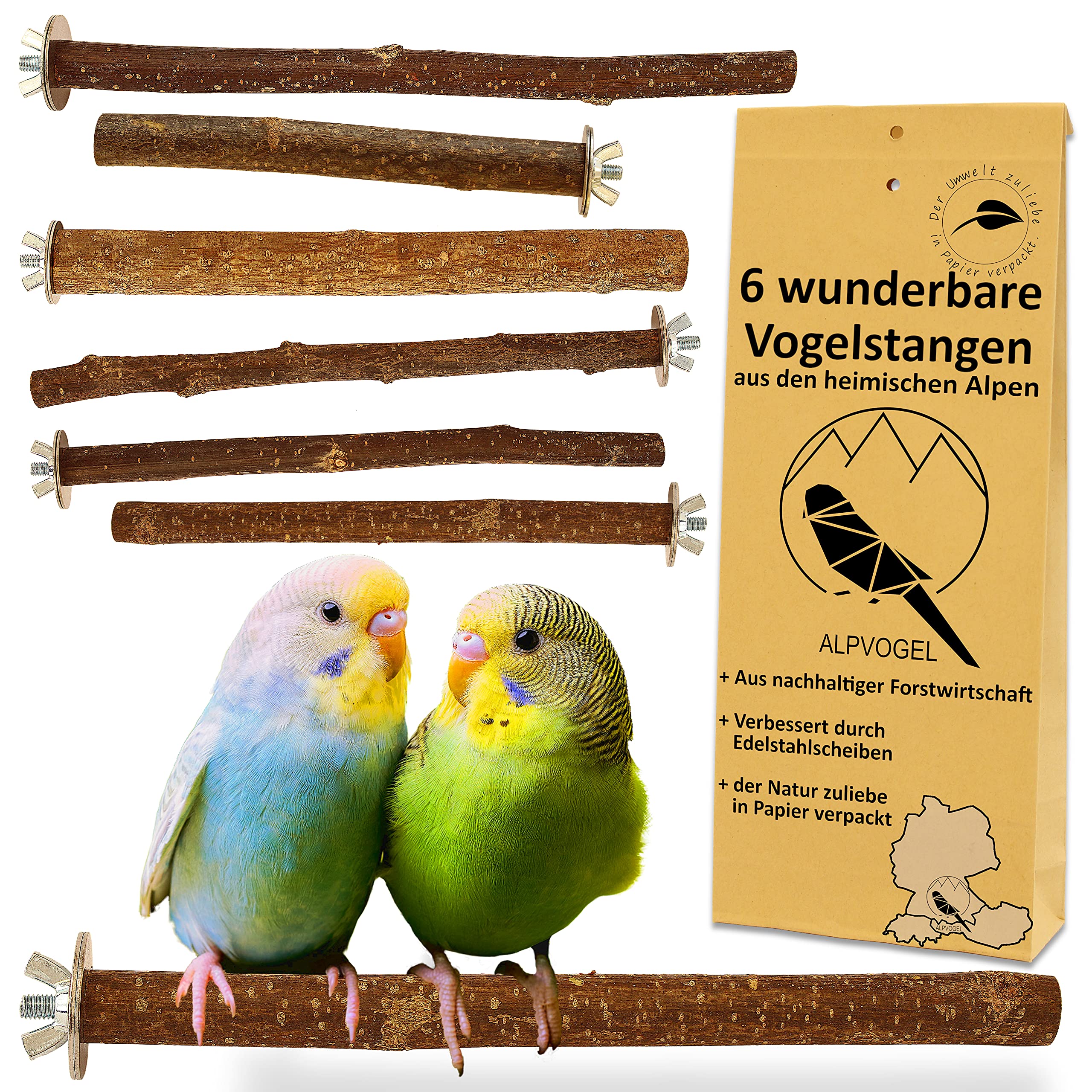6 natural perches: for budgies, canaries, cockatiels. Improved: stainless steel discs and plastic- packaging. The original: grown, cut by hand in the domestic Alps