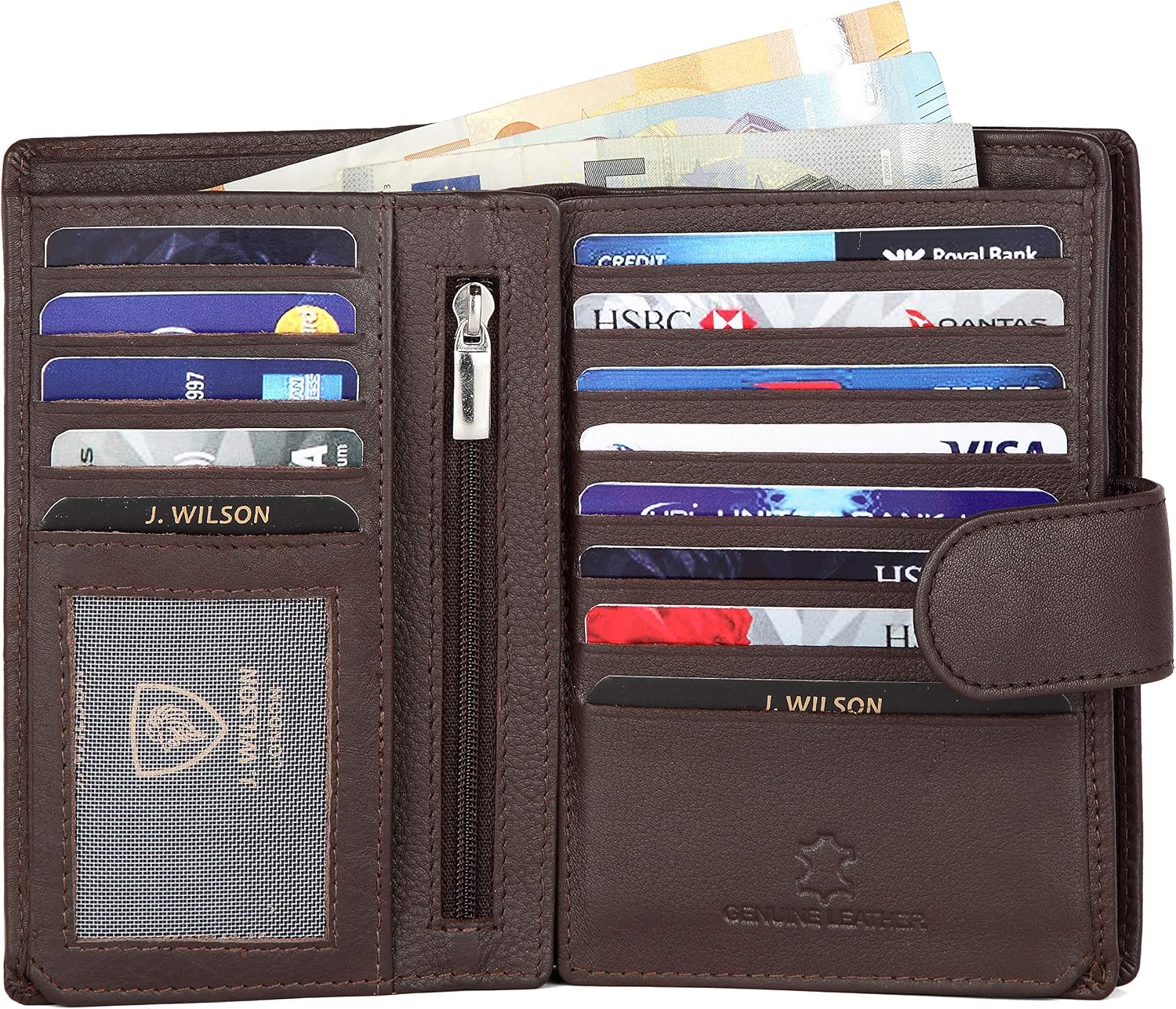 J. Wilson London Ladies RFID Safe Designer Leather Purse Card Women Wallet Zip Pocket Boxed, Brown - Image 4