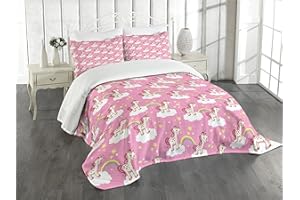Ambesonne Nursery Bedspread, Unicorns Standing on Clouds with Rainbows and Stars on a Pink Skyline, Decorative Quilted 3 Piece Coverlet Set with 2 Pillow Shams, Queen Size, Yellow White