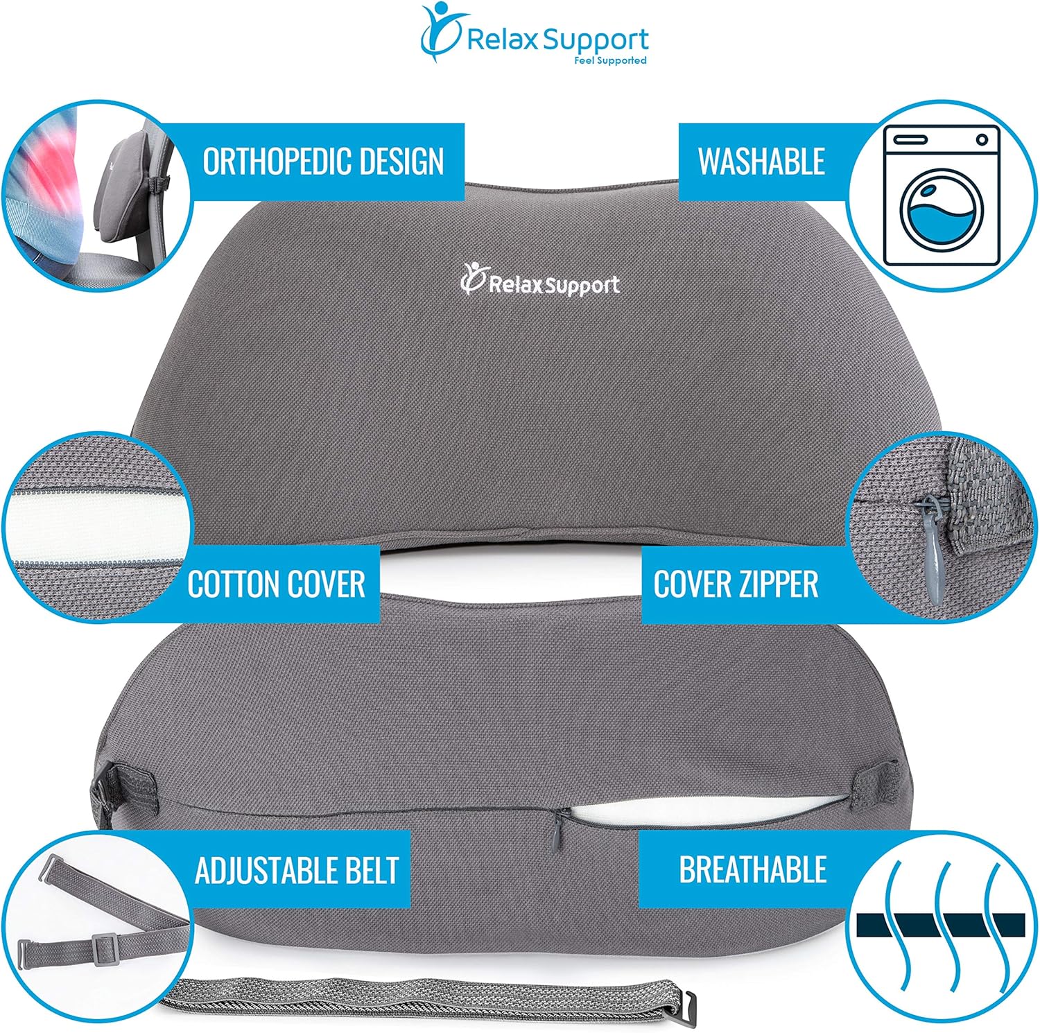 RS1 Back Support Pillow by Relax Support – Lumbar Pillow Upper and Lower Back for Chair Back Pain Uses ArcContour Special Patented Technology Has Unique Lateral Convex Shape for a Pain Free Back: Home & Kitchen