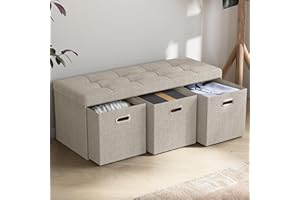 Ornavo Home Foldable Tufted Linen Large Long Bench Storage Ottoman Foot Rest Stool Seat with 3 Drawer Cubes - 15" x 40" x 15", Beige