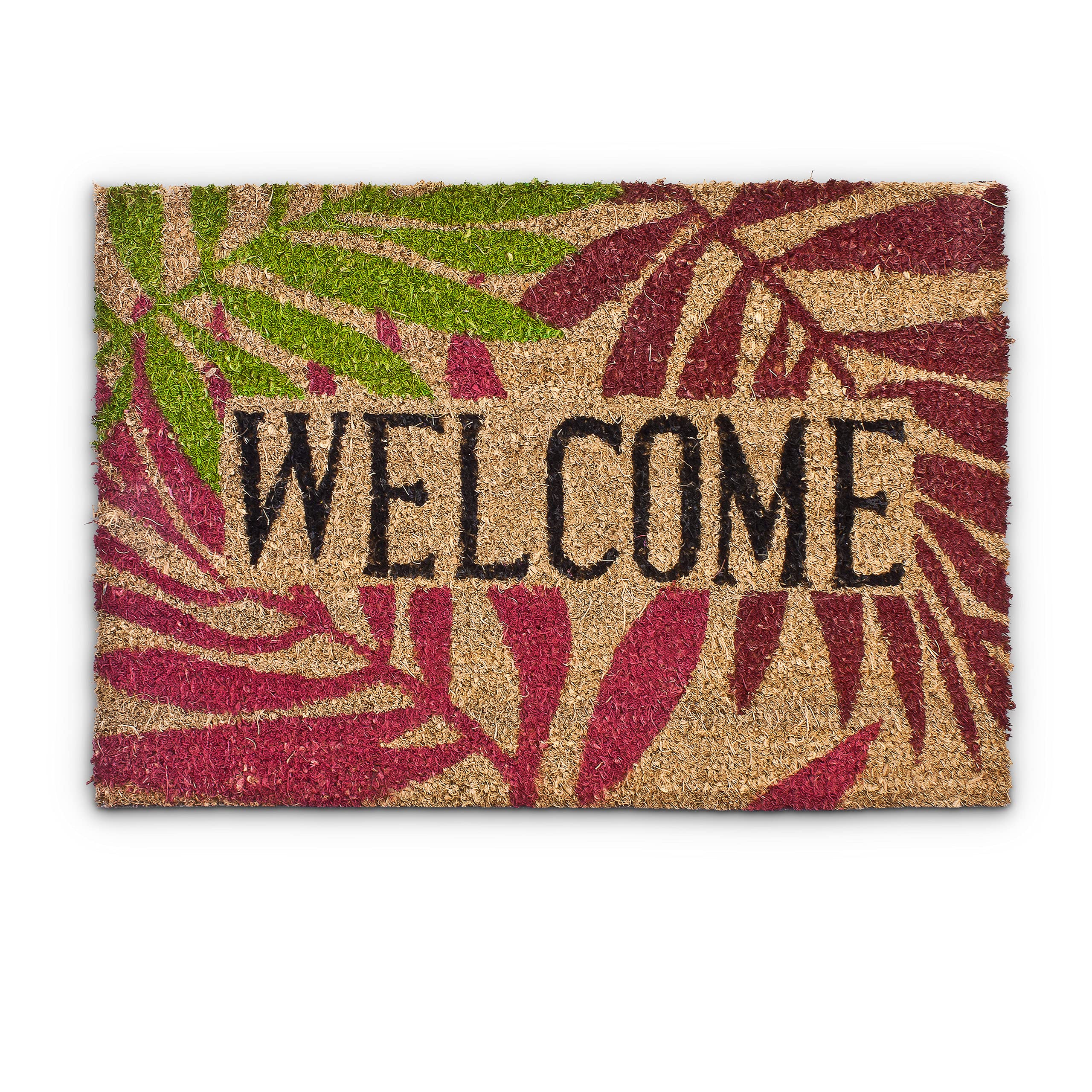 Relaxdays Coconut Fibre PALM LEAVES Doormat 40 x 60 cm Coir Welcome Mat with No-Slip Rubber PVC Underside, Multicolour