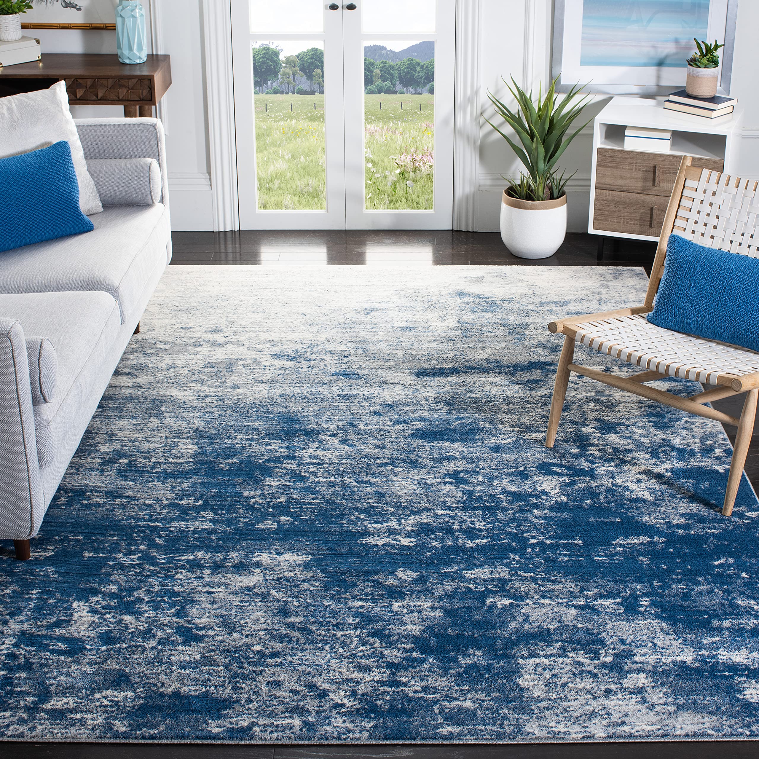 SAFAVIEH Brentwood Collection Area Rug - 8' Square, Grey & Navy, Modern Abstract Design, Non-Shedding & Easy Care, Ideal for High Traffic Areas in Living Room, Bedroom (BNT822G) Image