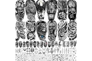 TASROI 61 Sheets Realistic Skull Tiger Wolf Lion Temporary Tattoos For Women Men Arm Sleeve, 3D Halloween Temp Tattoos Adults Compass Black Rose Flower, Bulk Fake Tattoos That Look Real And Last Long