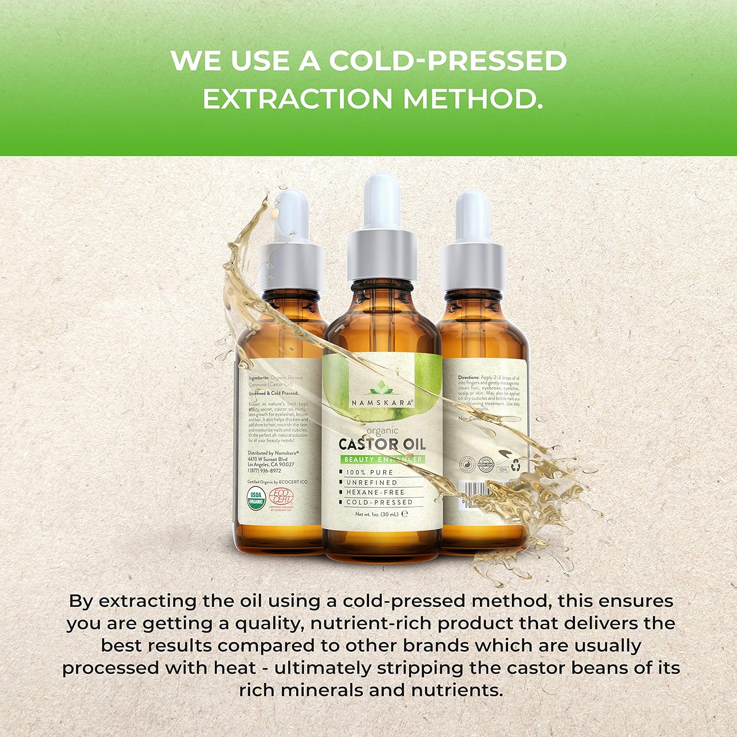 Organic Castor Oil - USDA Certified Organic 100% Pure, Cold-Pressed, Extra-Virgin, Hexane-Free. Best Carrier Oil For Eyelashes, Hair, Eyebrows & Skin (1oz): Beauty