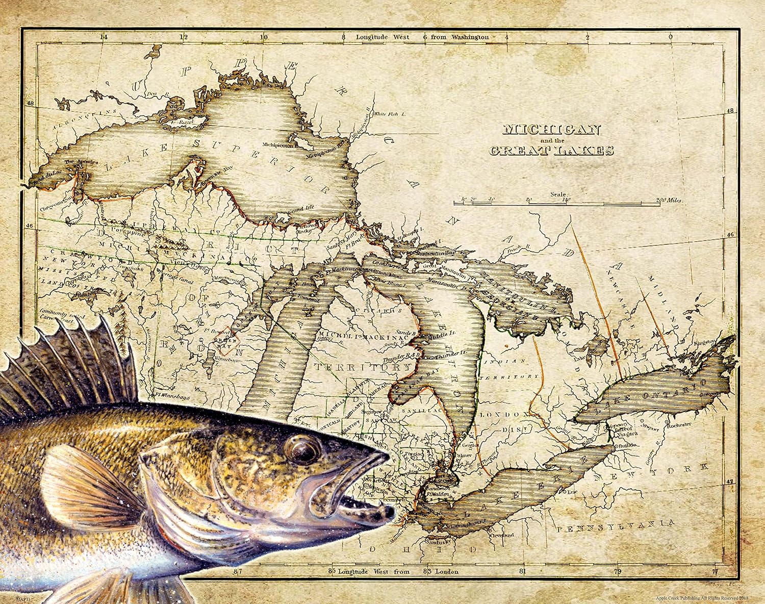 Amazon Com Walleye Great Lakes Fishing Resorts Michigan State Map