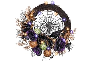 Valery Madelyn Halloween Wreath for Front Door with Lights, 24 Inch Pre-Lit Roses Crow Spider Webs Ball Ornaments Collapsible Halloween Wreath Decorations Indoor for Table Centerpiece Holiday Decor
