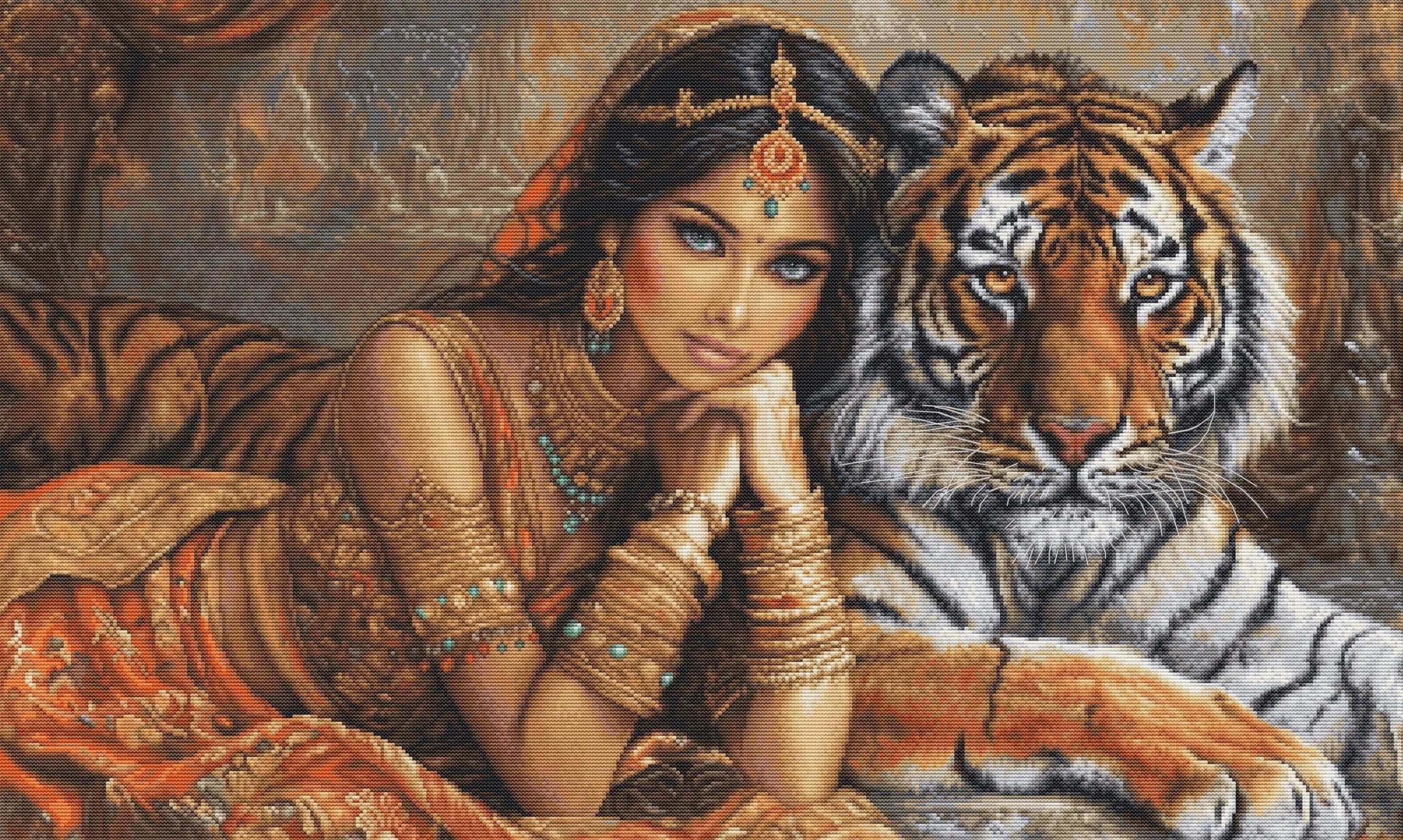 Luca-S Cross Stitch Kit Gold - The Indian Princess and The Royal Tiger, BU5060, Needlecraft and Embroidery Kit