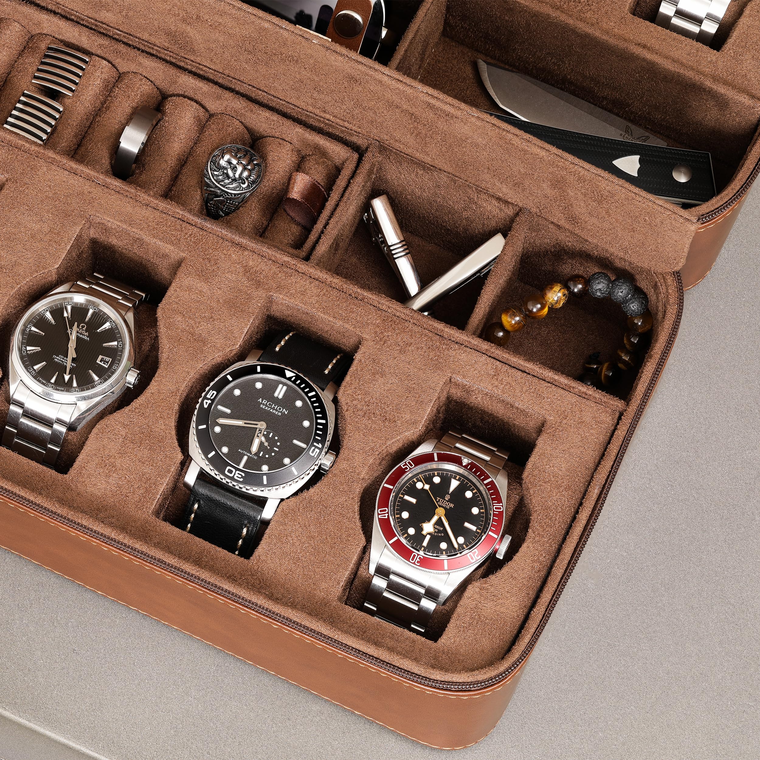 ROTHWELL 8 Watch Travel Case Storage Organizer for 8 Watches, Sunglasses, Rings & Cufflinks |Tough Portable Protection with Zipper Fits Most Wristwatches & Smart Watches Up to 50mm (Tan/Brown)
