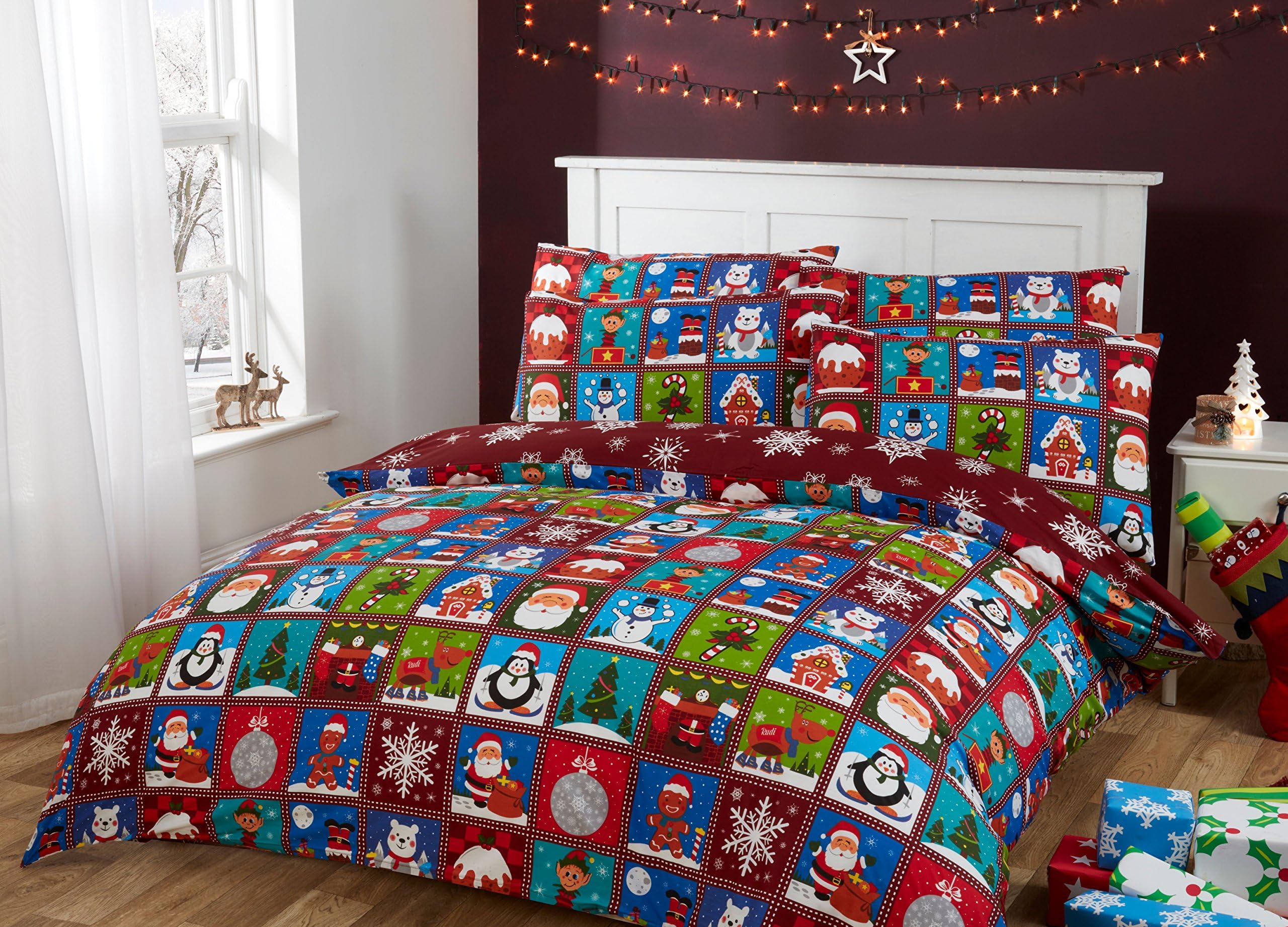 100% Cotton Christmas Bedding Red Patchwork Design Double Duvet Cover Set Santa Claus Elf Rudolph Gingerbread Man Penguin Polar Bear with Snowflake Reverse (Double (200x200cm) + 2 Pillow Cases (45x75cm))
