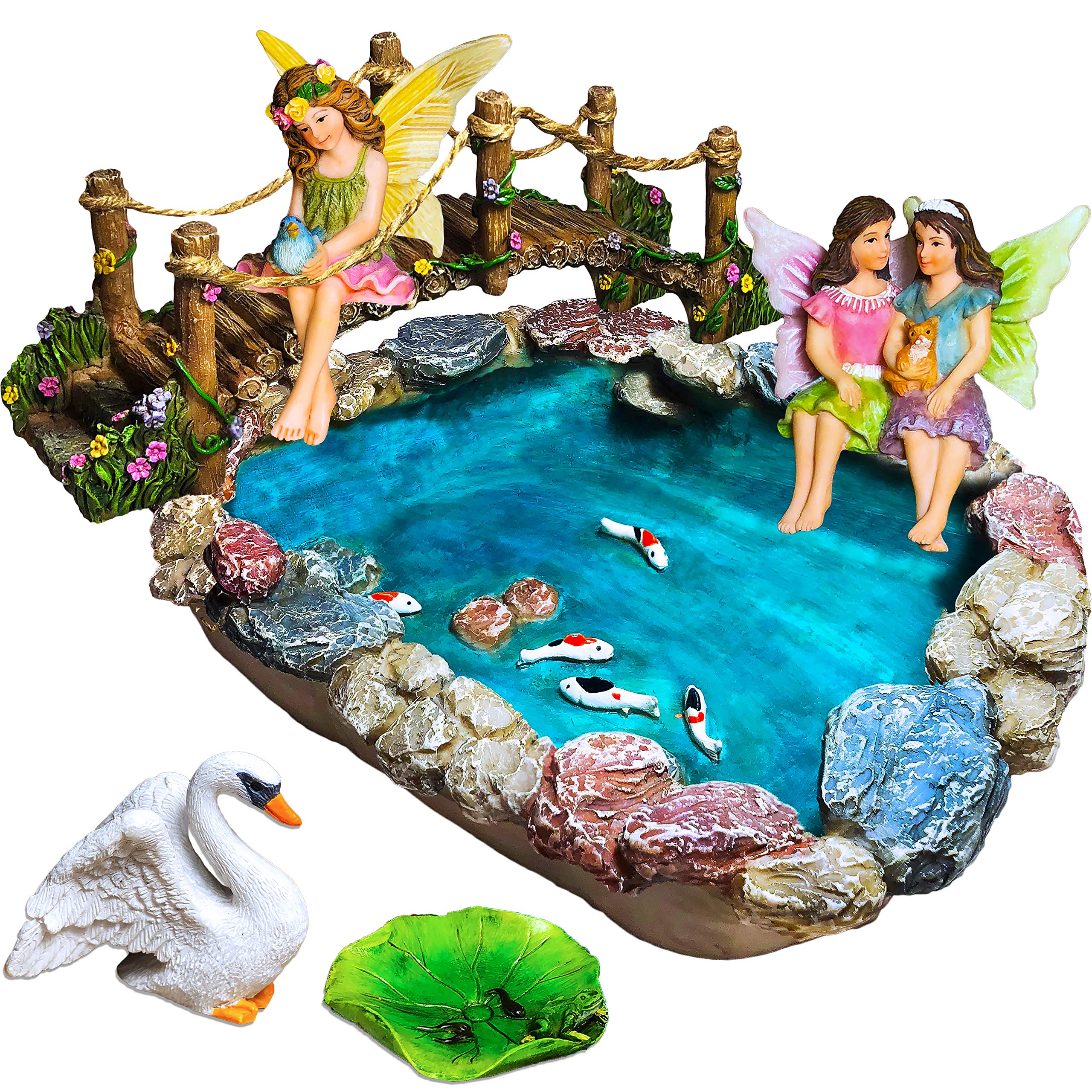 Photo 1 of Mood Lab Fairy Garden Fish Pond Kit - Miniature Bridge Set of 6 pcs Fairy Garden Figurines & Accessories - Outdoor or House Decor