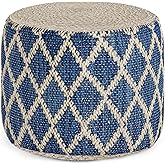 SIMPLIHOME Edgeley Round Pouf - 18 inch Wide Handwoven Jute and Cotton Ottoman in Classic Blue and Natural, Boho-Style Footst