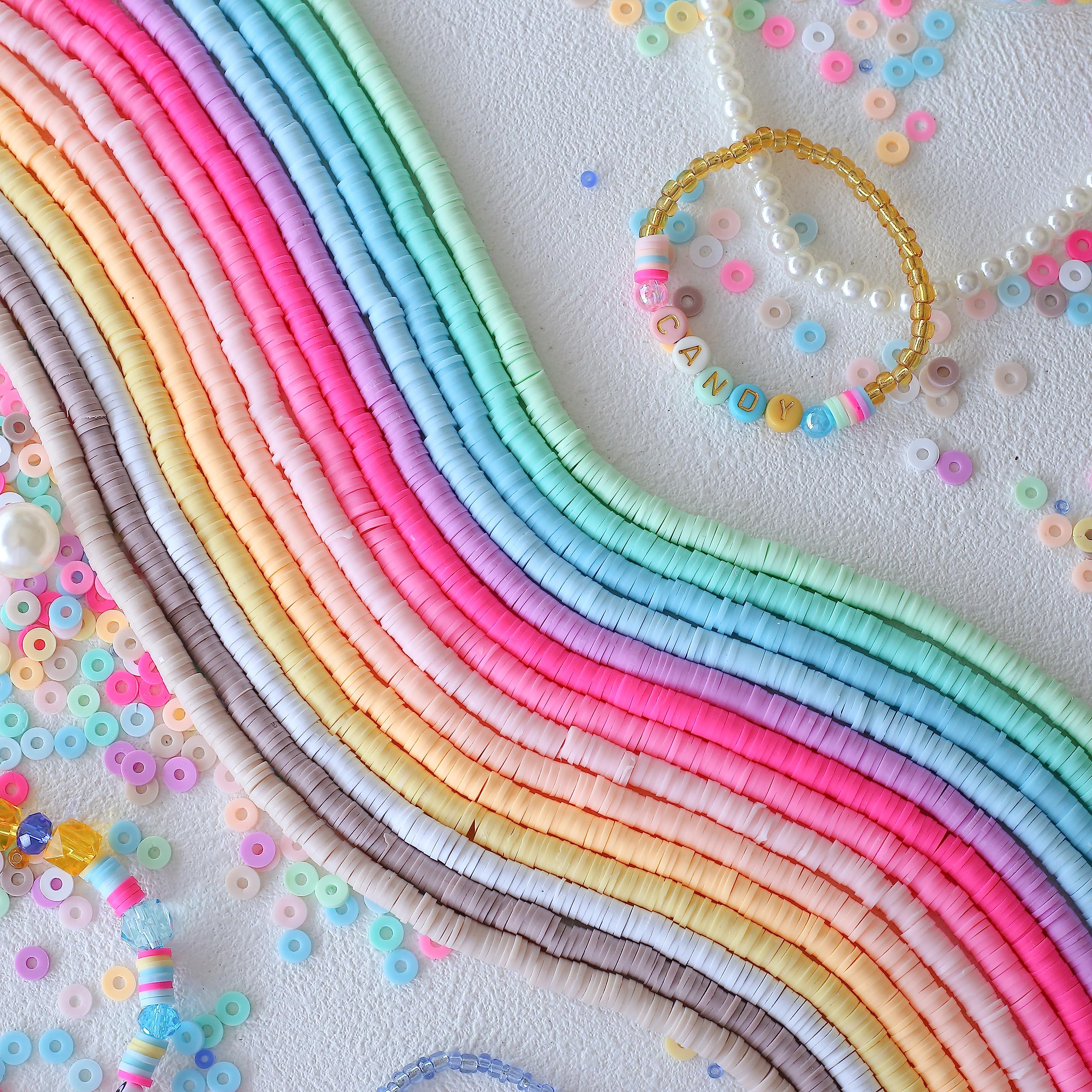 HERZWILD Approx. 5040 Pieces Heishi Beads, Colourful 6 mm Clay Beads for Threading, 14 Strands Clay Bead Set for Choker, Necklace, Bracelet, Earrings, Jewellery Making DIY (14 Colours)