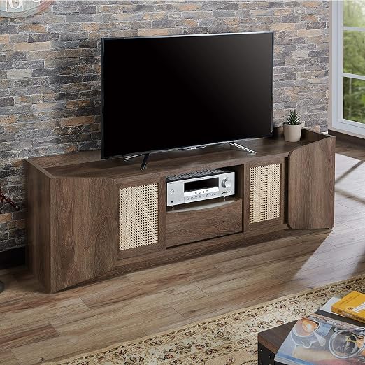 Amazon Com Tv Stand Brown Rustic Traditional Transitional Bamboo Mdf Wood Distressed Walnut Finish Drawers Includes Hardware Home Kitchen