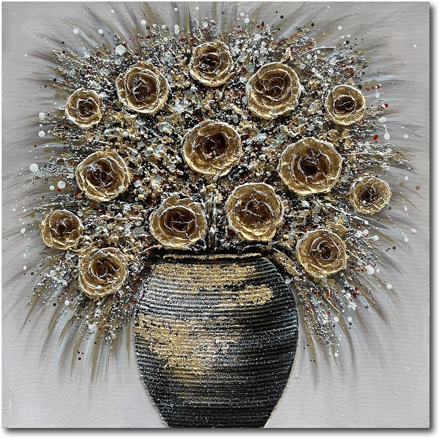 Paintings - Epicler art 24x24 inch 3D Hand-painted gold flowers abstract decorative oil painting, contemporary abstract art flower painting living room bedroom kitchen wall decoration