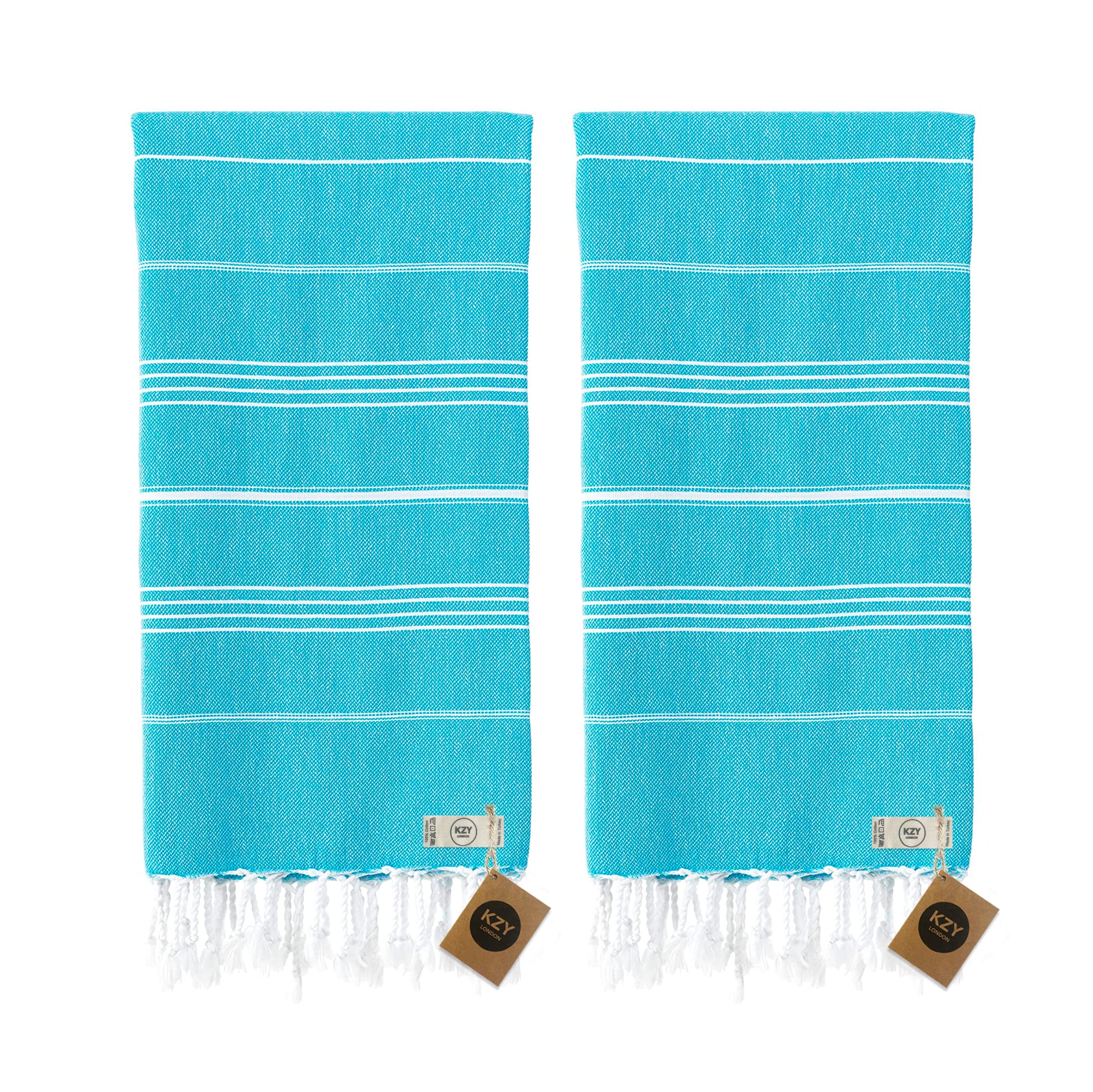 KZY LONDON Beach Towel 2 Pack Large Turkish Beach Towels for Camping, Swimming, Gym - Quick Dry, Absorbent, Lightweight, Cotton 90x180cm Hammam Towels for Adults (2 Set, Turquoise)