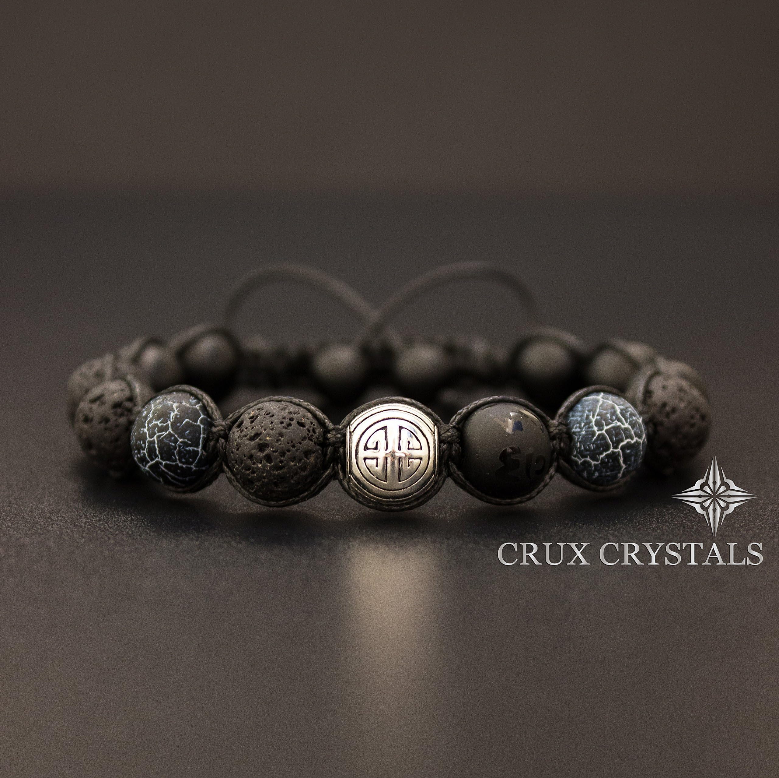 Shou/Long Life Lava Rock Black Onyx & Agate Mens Beaded Bracelet Gemstone Shamballa Wrap Tibetan Mantra Om Mani Padme Hum Longevity Bracelet Gift for Him Crux Crystals