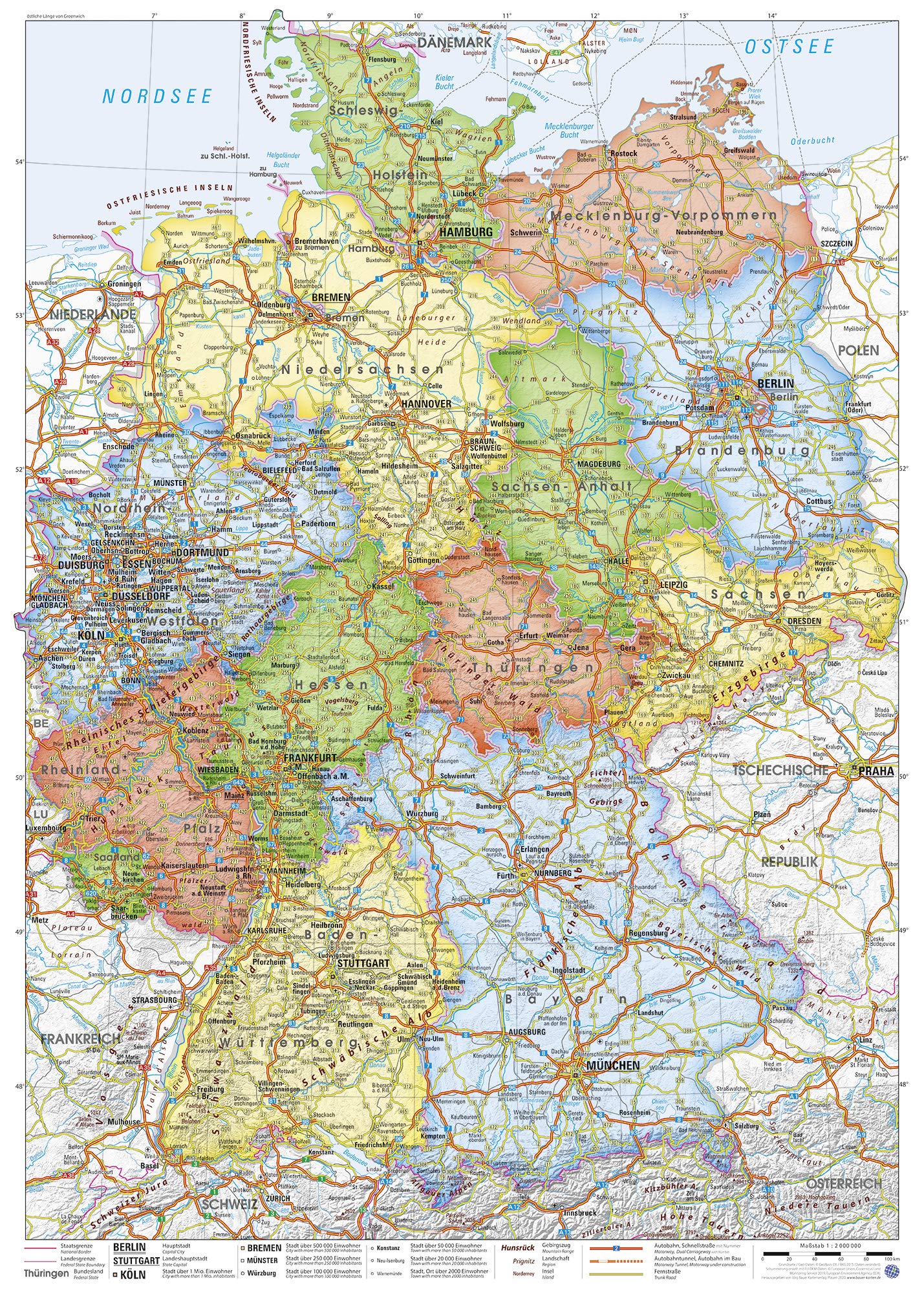 J.Bauer Karten Germany map (state), 50 x 70 cm.