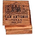 San Antonio Coasters, San Antonio The Alamo Drink Coasters – San Antonio Gifts & Souvenirs, Engraved Acacia Wood Coasters with San Antonio Design – San Antonio Themed Gifts, Texas Gifts (Set of 4)