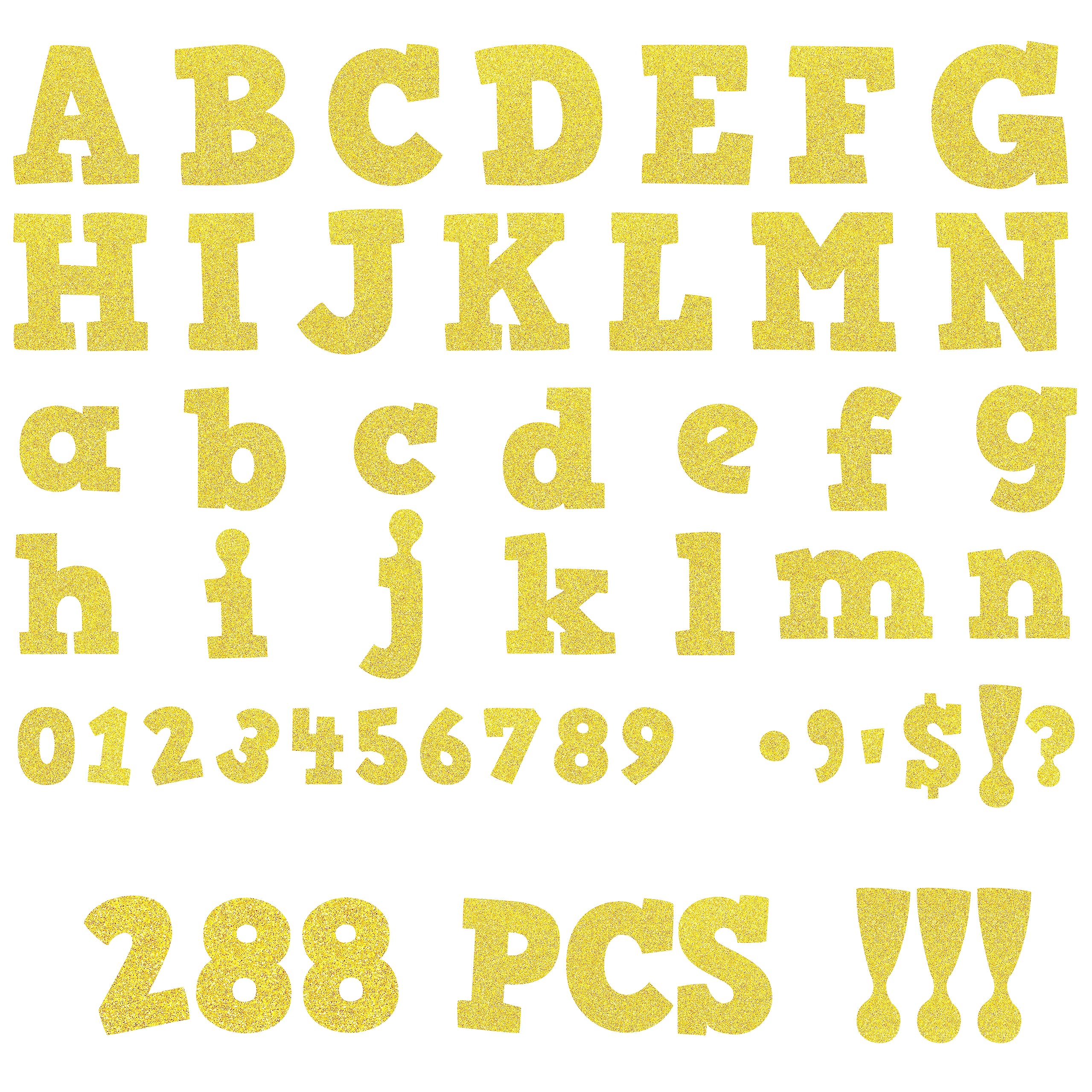 288 PCS Alphabet Combo Set, Gold Glitter Bulletin Board Letters - 78 Uppercase, 78 Lowercase, Numbers, Symbols & Punctuation - Chalkboard Classroom Letters for Home School Room