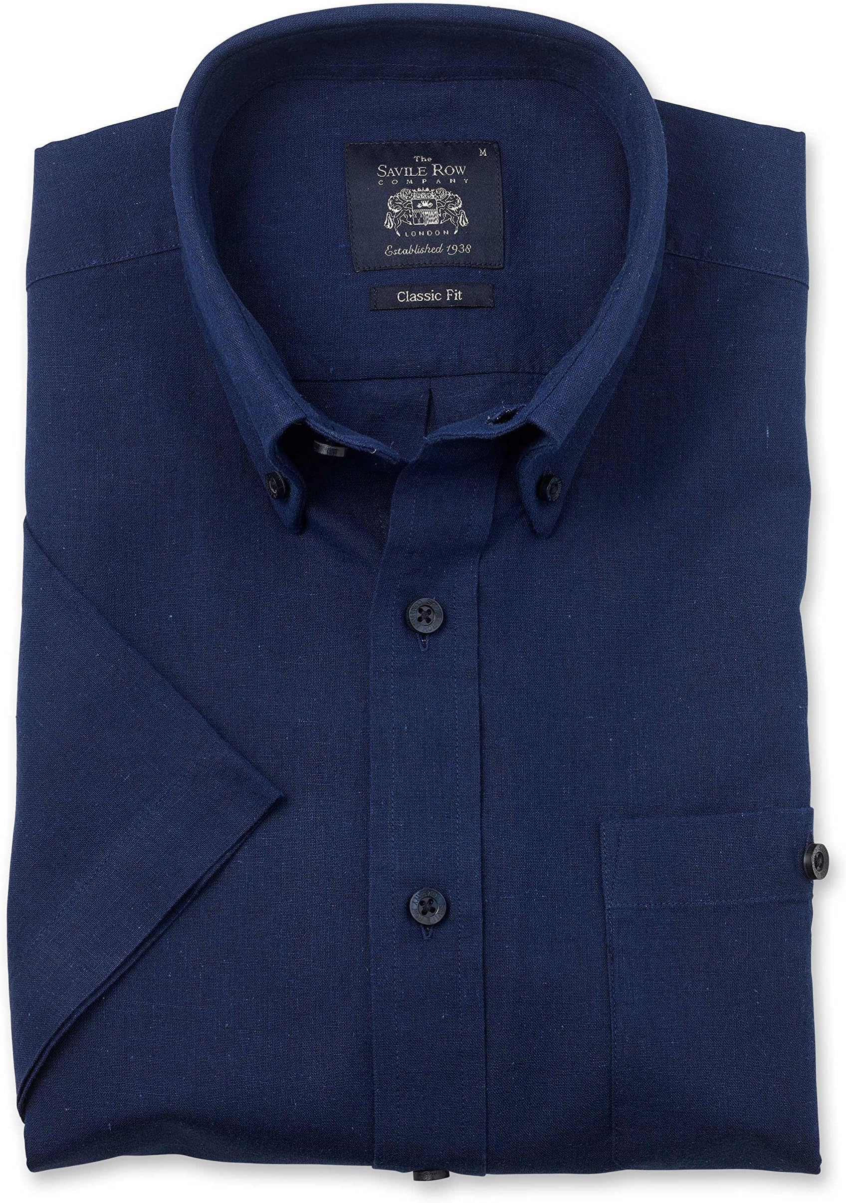 Savile Row Men's Linen-Blend Short Sleeve Shirt - Classic Fit Button-Down Collar
